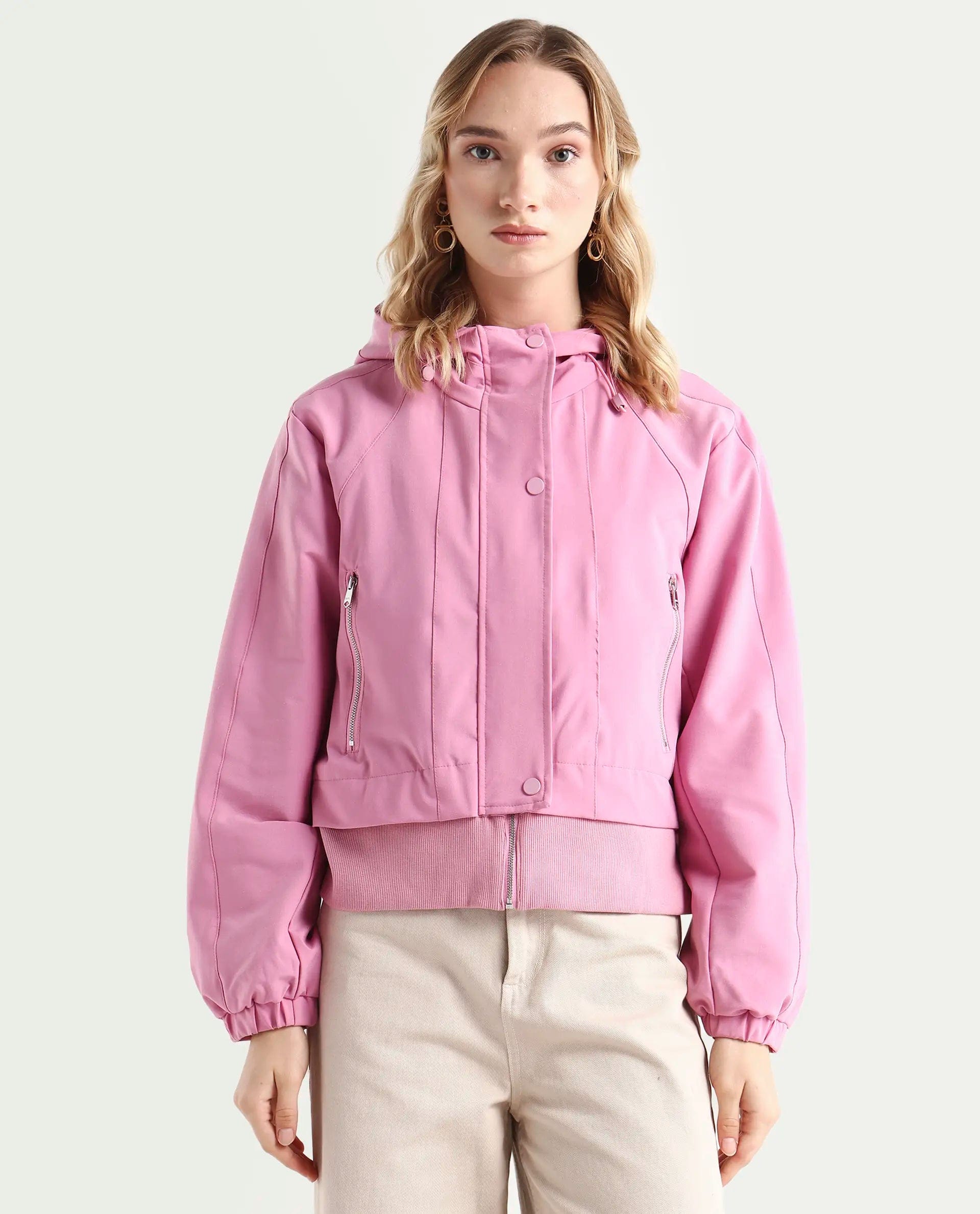 Rareism Women's Hoian Dusky Pink Polyester Blend Stand Collar Plain Ribbed Sleeve Boxy Fit Jacket