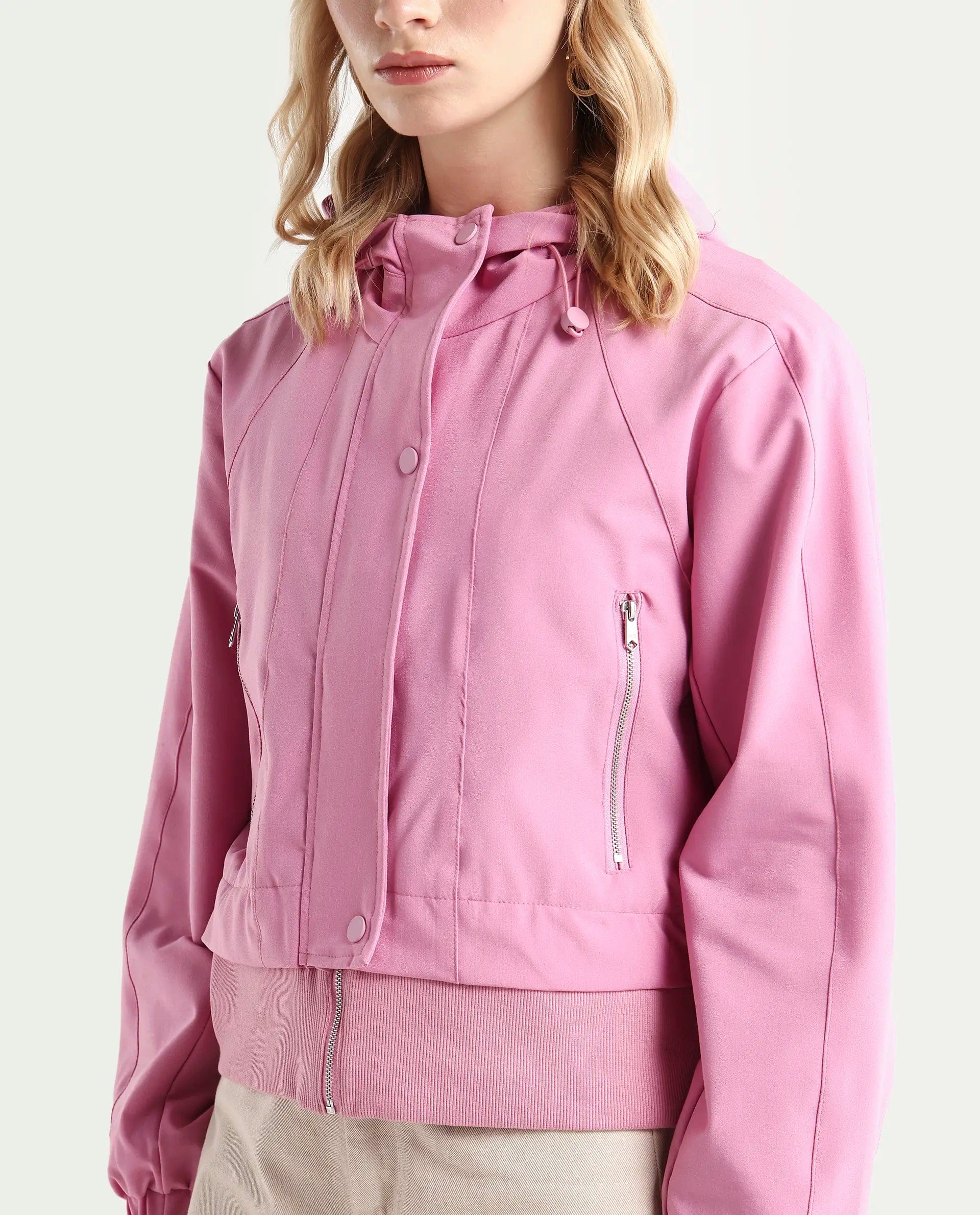 Rareism Women's Hoian Dusky Pink Polyester Blend Stand Collar Plain Ribbed Sleeve Boxy Fit Jacket