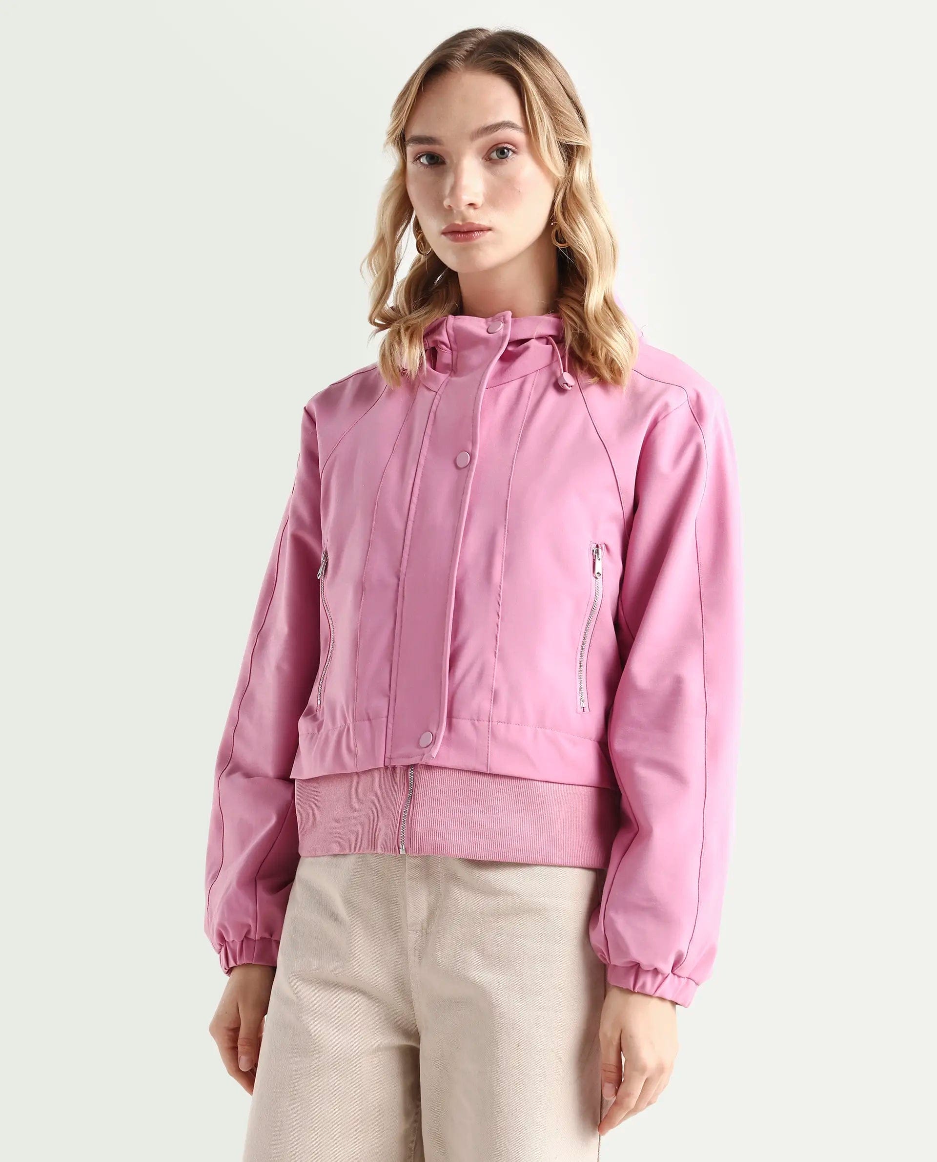 Rareism Women's Hoian Dusky Pink Polyester Blend Stand Collar Plain Ribbed Sleeve Boxy Fit Jacket