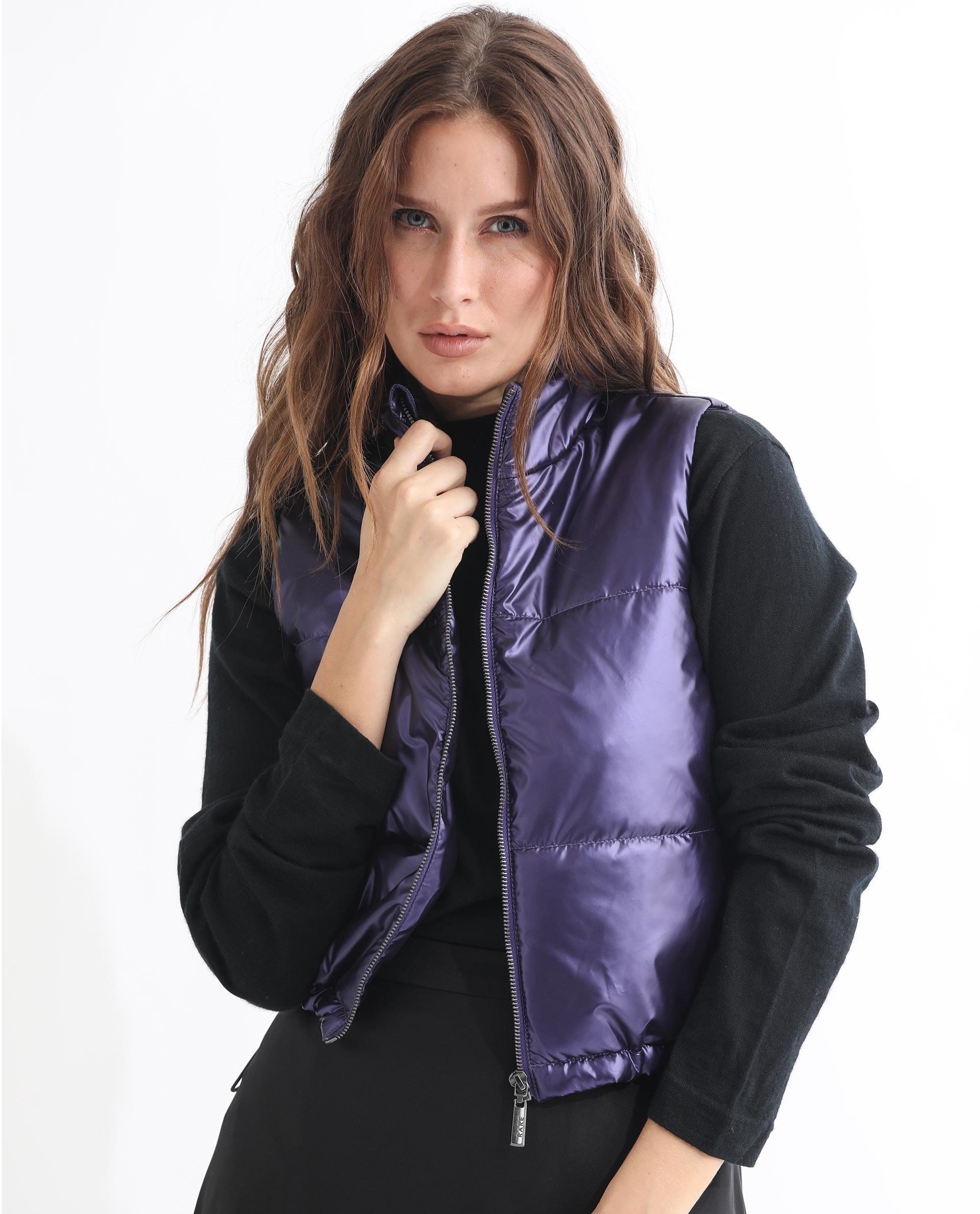 Rareism Women's Mindy Purple Polyester High Neck Plain Sleeveless Regular Fit Jacket