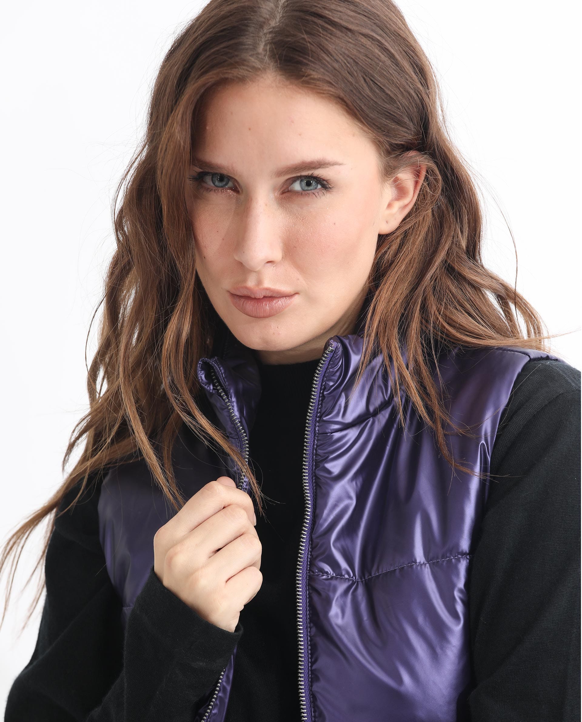 Rareism Women's Mindy Purple Polyester High Neck Plain Sleeveless Regular Fit Jacket
