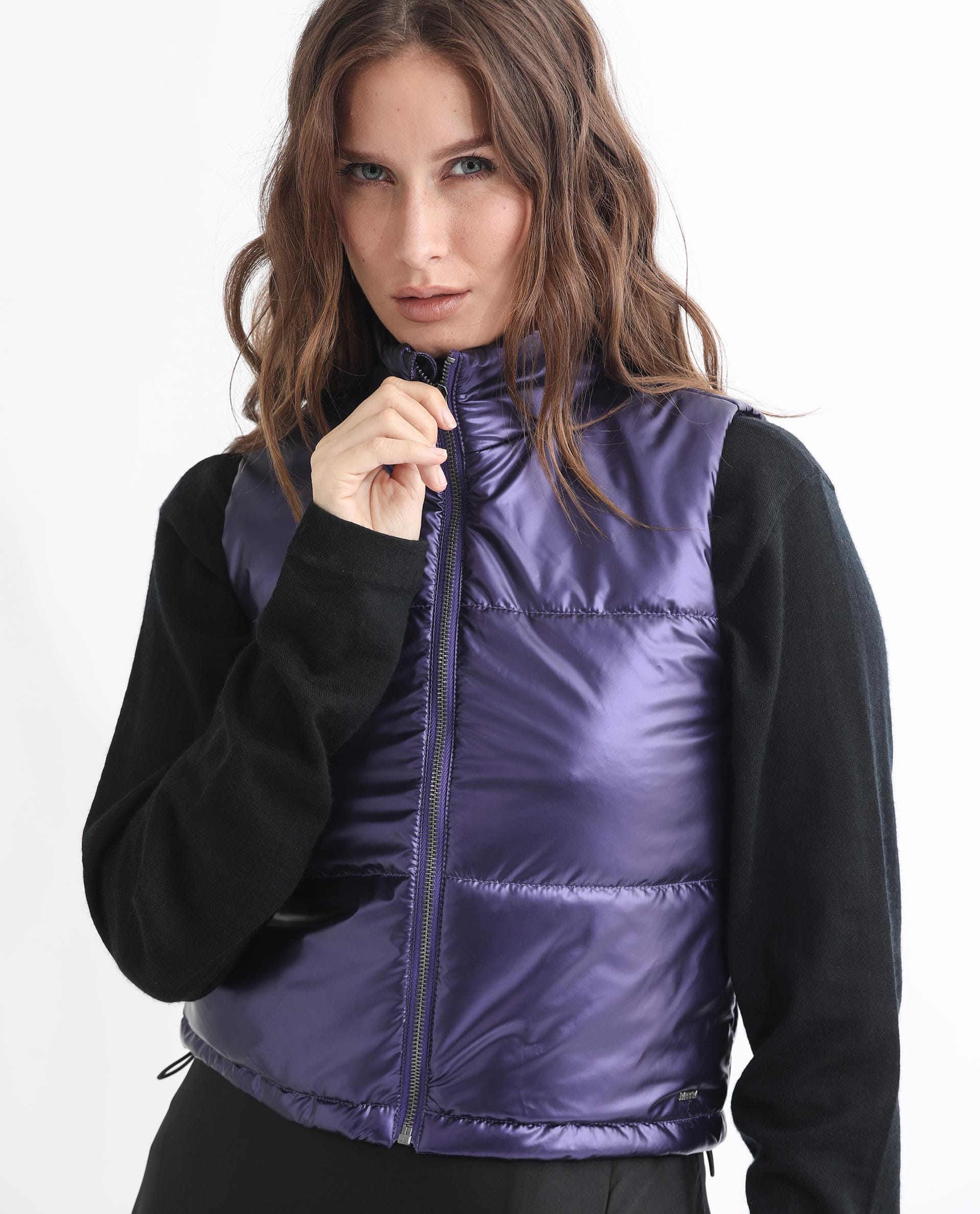 Rareism Women's Mindy Purple Polyester High Neck Plain Sleeveless Regular Fit Jacket