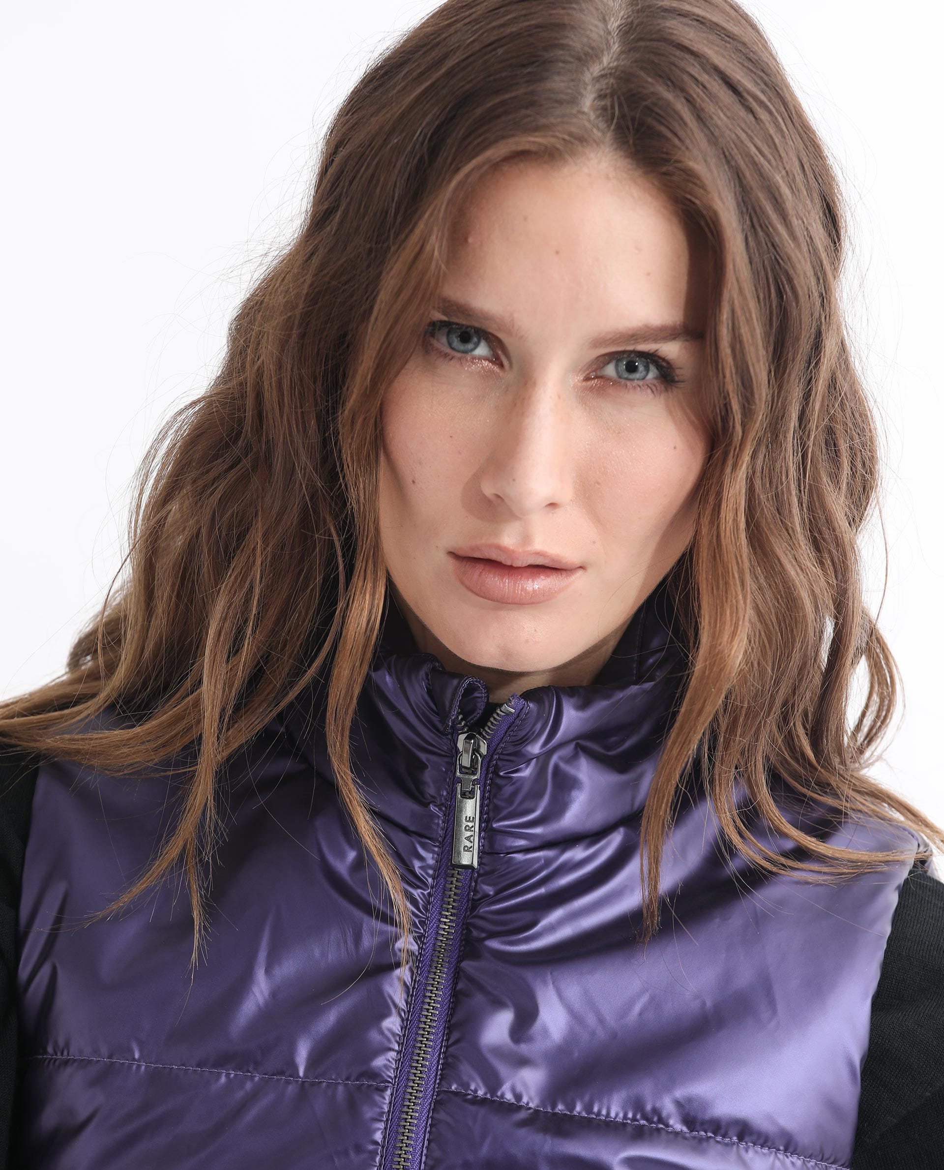 Rareism Women's Mindy Purple Polyester High Neck Plain Sleeveless Regular Fit Jacket