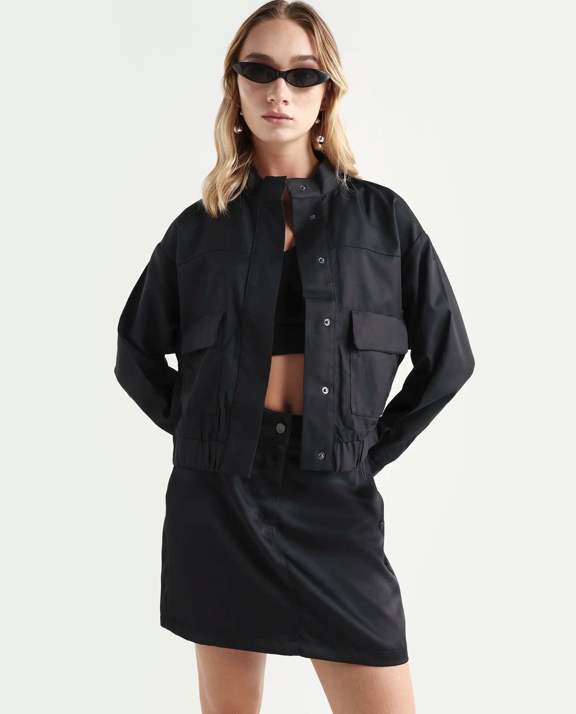 Rareism Women's Ruks Black Polyester High Neck Plain Regular Fit Jacket