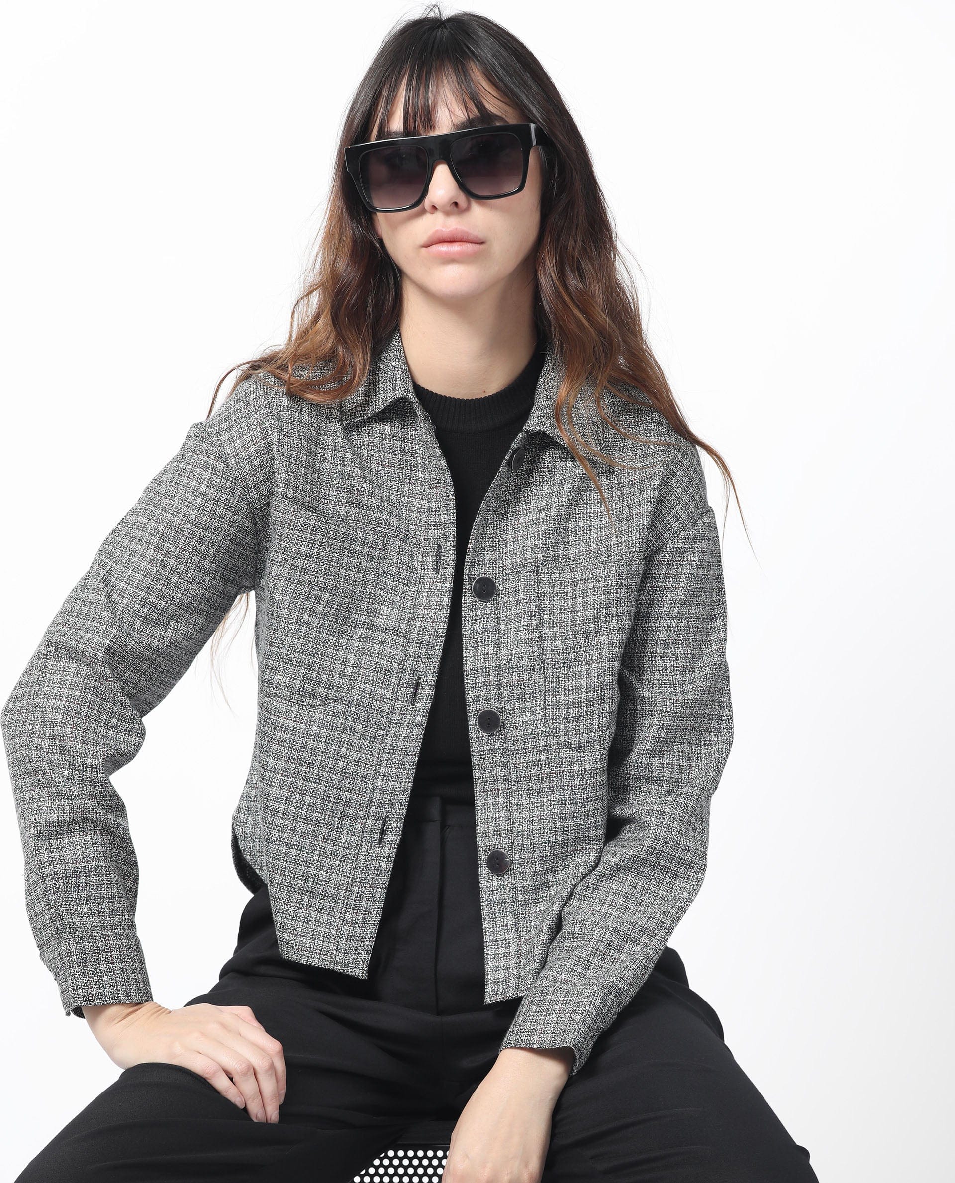 Rareism Women's Atmos Black Polyester Spread Collar Textured Regular Fit Jacket