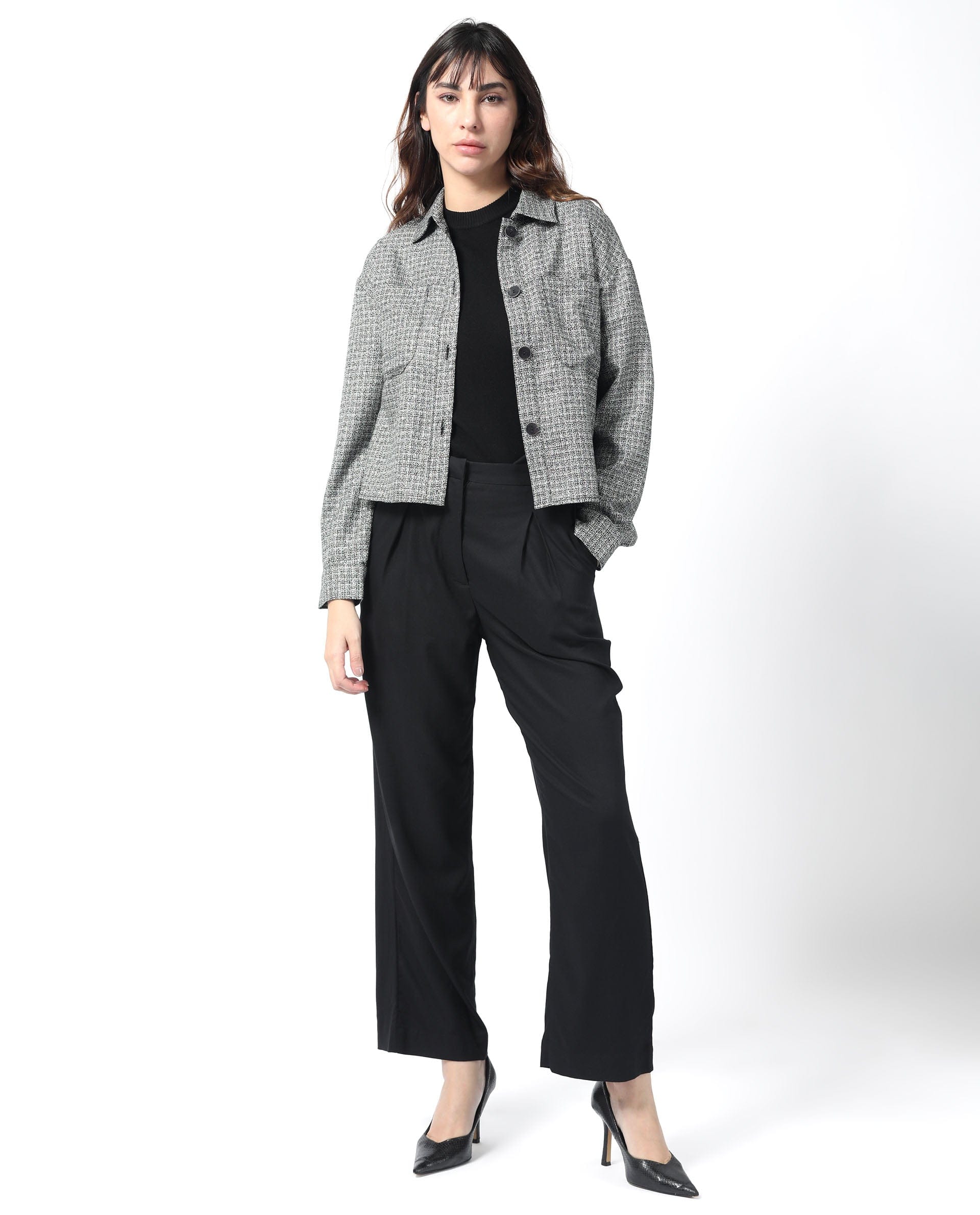 Rareism Women's Atmos Black Polyester Spread Collar Textured Regular Fit Jacket