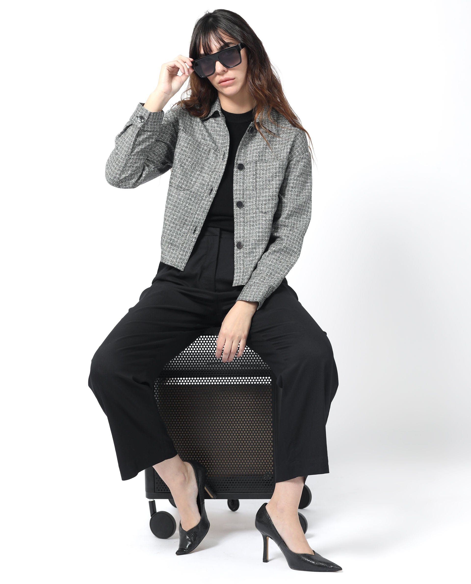 Rareism Women's Atmos Black Polyester Spread Collar Textured Regular Fit Jacket