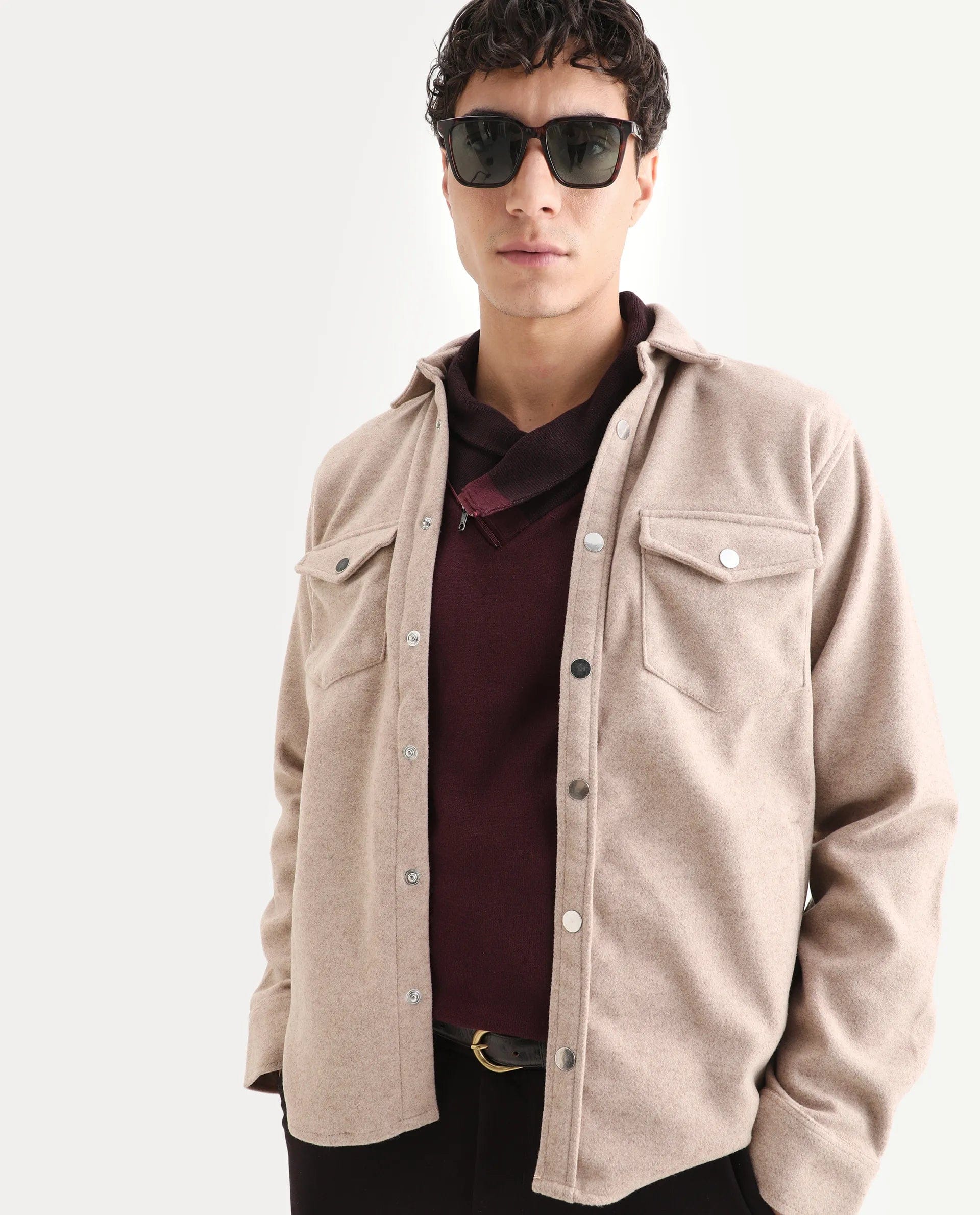 RARE Rabbit Men's Cason Light Beige Polyester Plain Regular Fit Full Sleeve Spread Collar Jacket