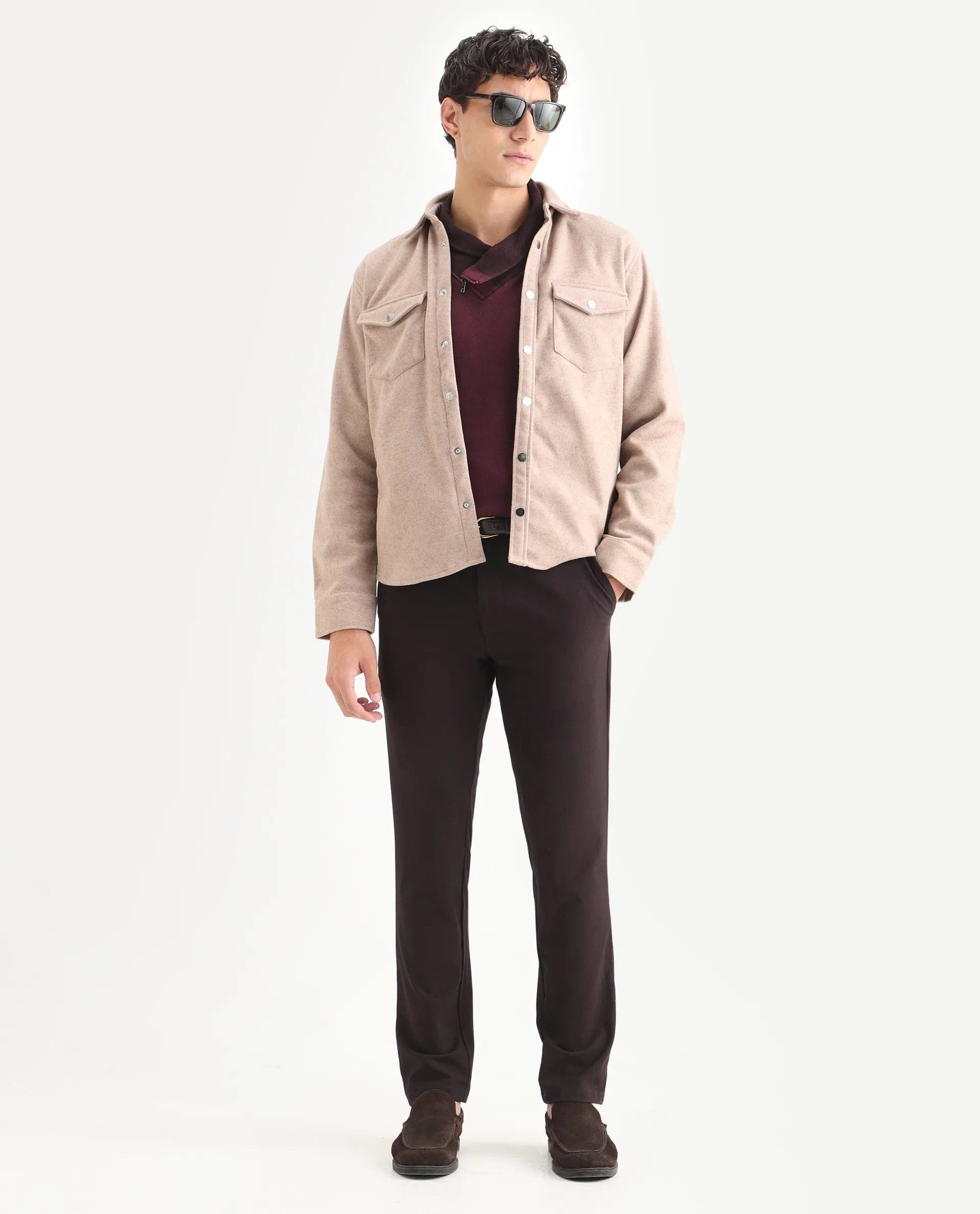 RARE Rabbit Men's Cason Light Beige Polyester Plain Regular Fit Full Sleeve Spread Collar Jacket