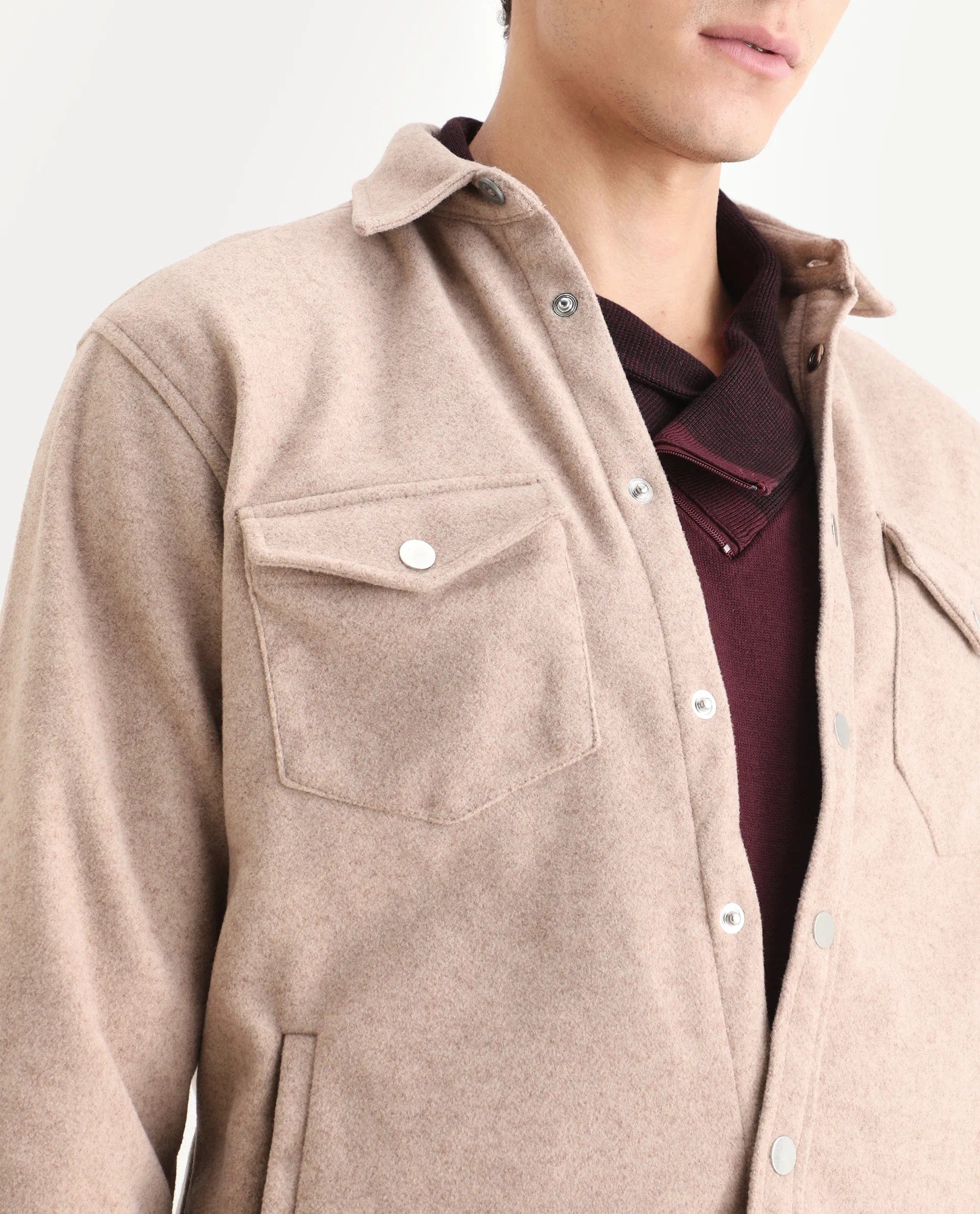 RARE Rabbit Men's Cason Light Beige Polyester Plain Regular Fit Full Sleeve Spread Collar Jacket