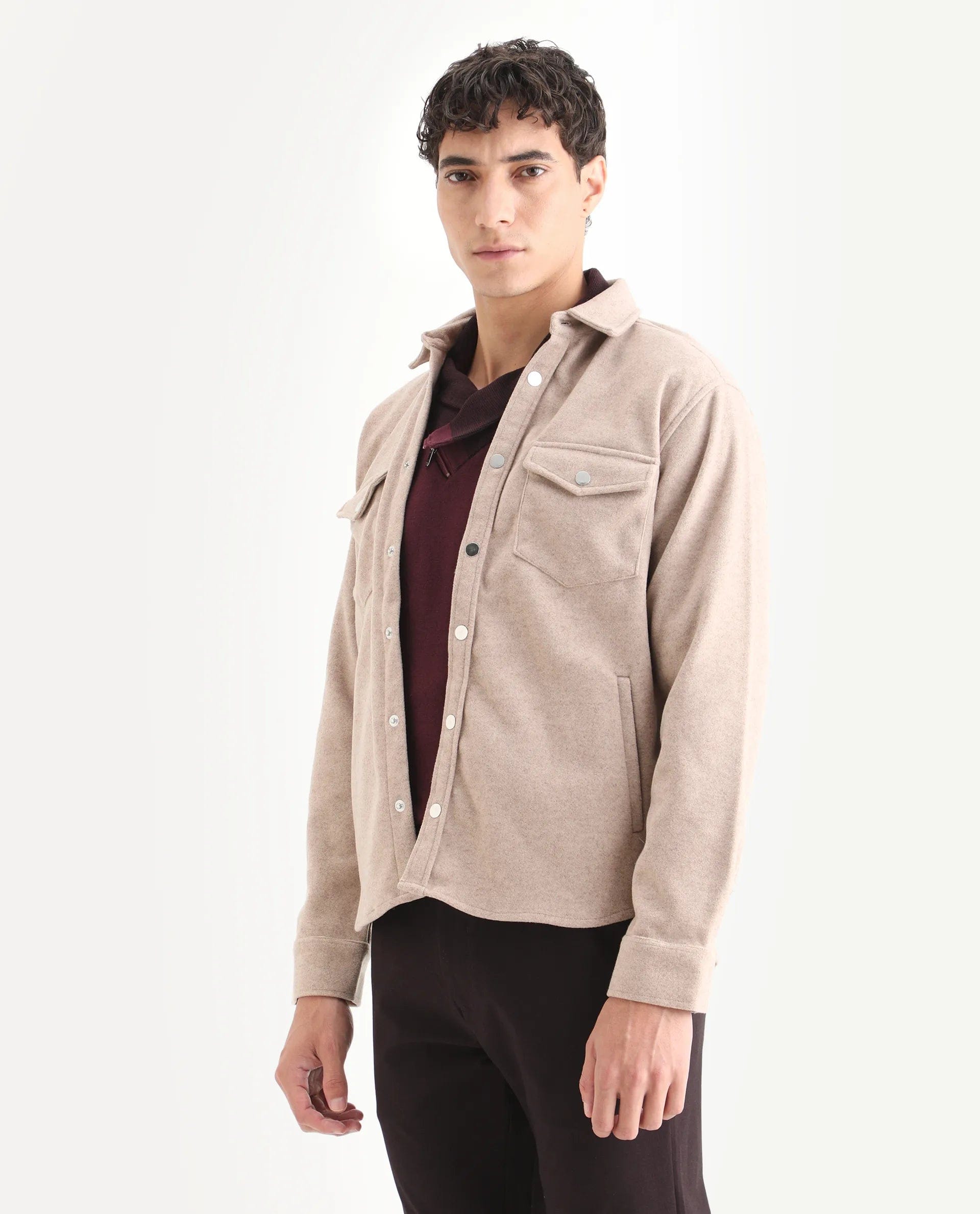 RARE Rabbit Men's Cason Light Beige Polyester Plain Regular Fit Full Sleeve Spread Collar Jacket