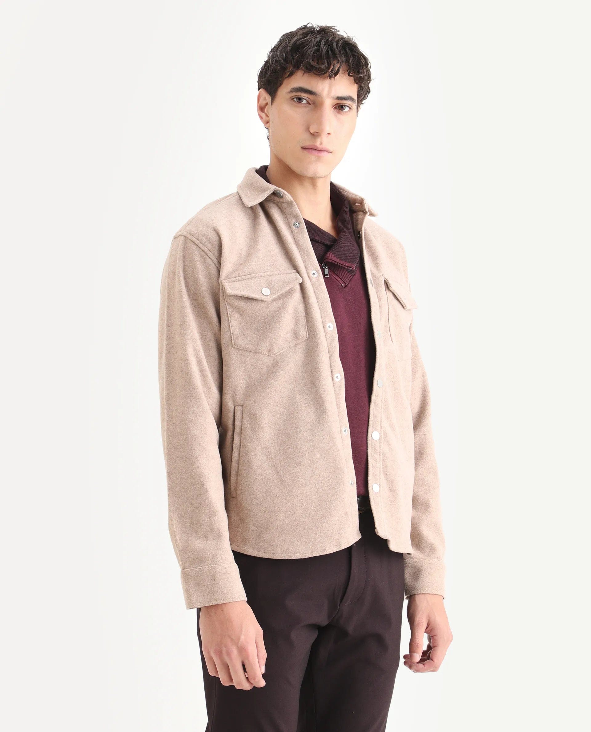 RARE Rabbit Men's Cason Light Beige Polyester Plain Regular Fit Full Sleeve Spread Collar Jacket