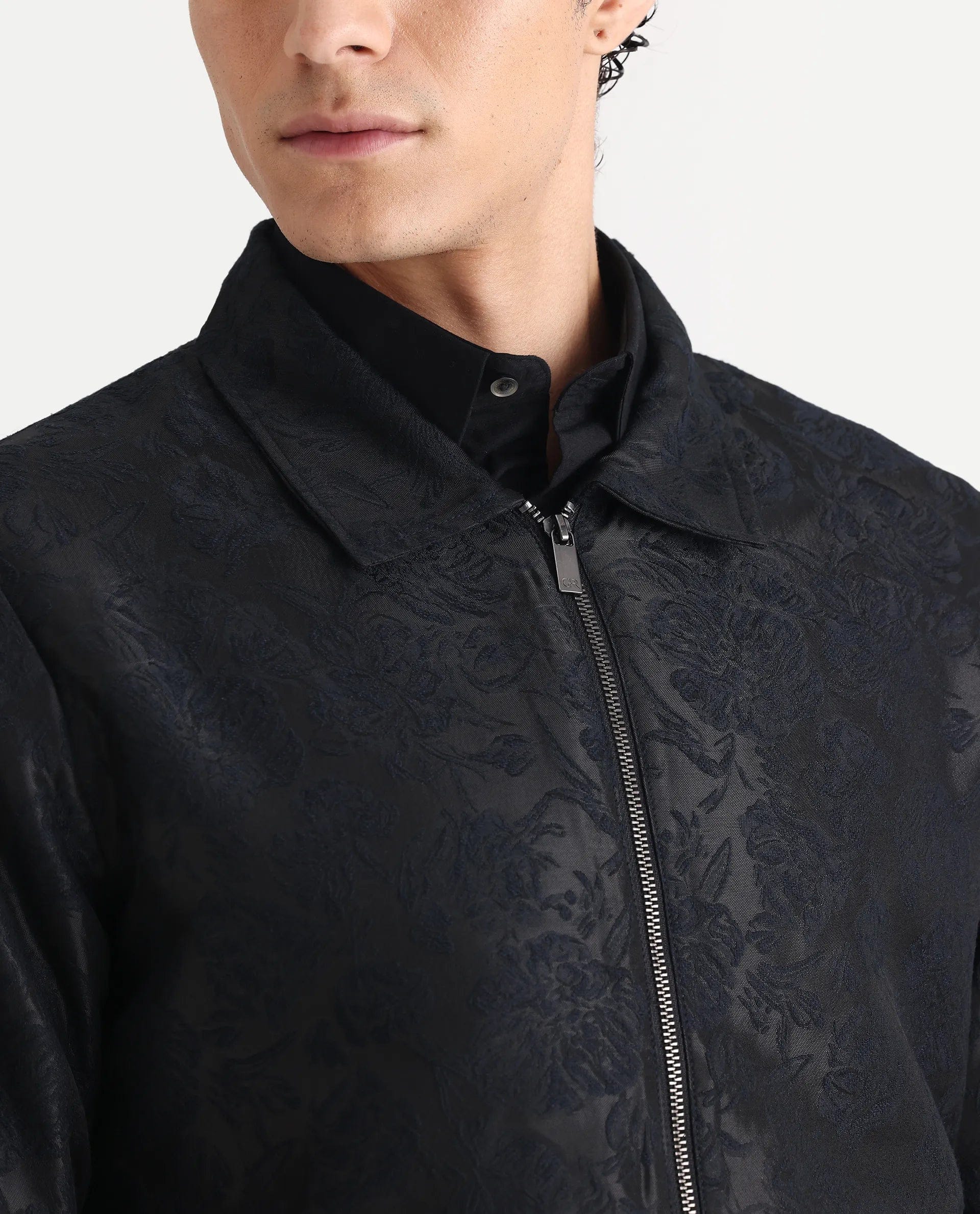 RARE Rabbit Men's Braga Dark Navy Jacquard Jacquard Regular Fit Full Sleeve Spread Collar Jacket