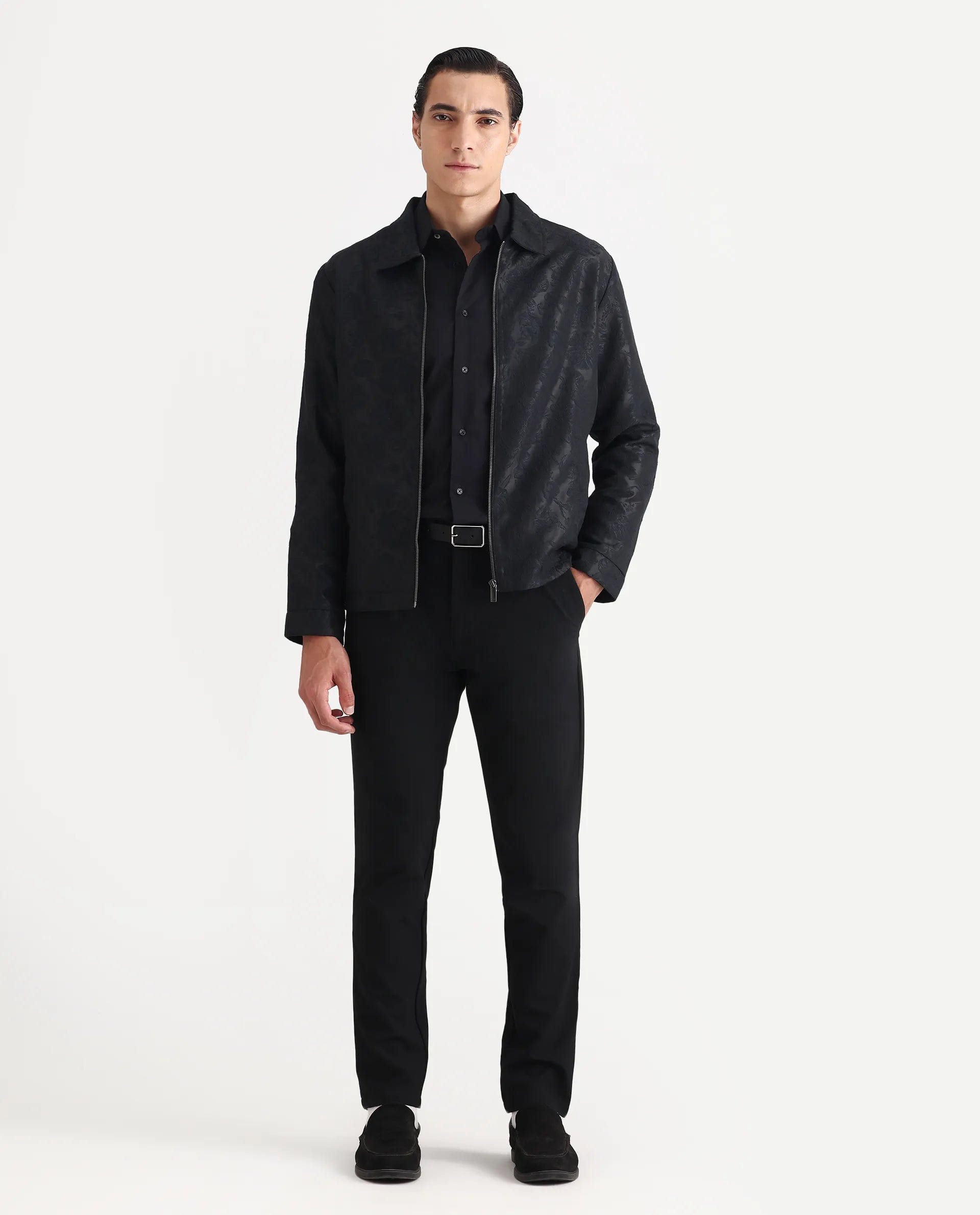 RARE Rabbit Men's Braga Dark Navy Jacquard Jacquard Regular Fit Full Sleeve Spread Collar Jacket