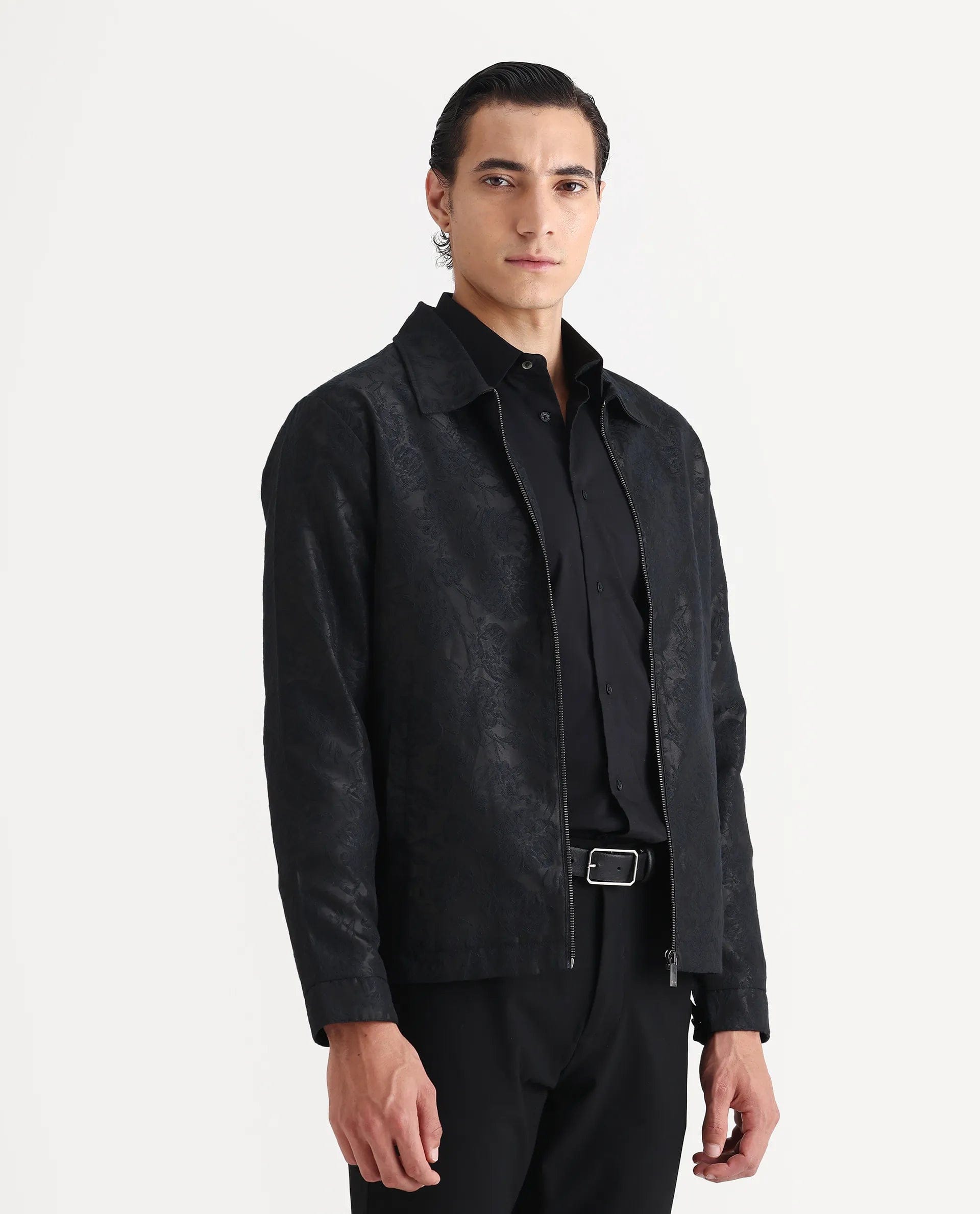 RARE Rabbit Men's Braga Dark Navy Jacquard Jacquard Regular Fit Full Sleeve Spread Collar Jacket