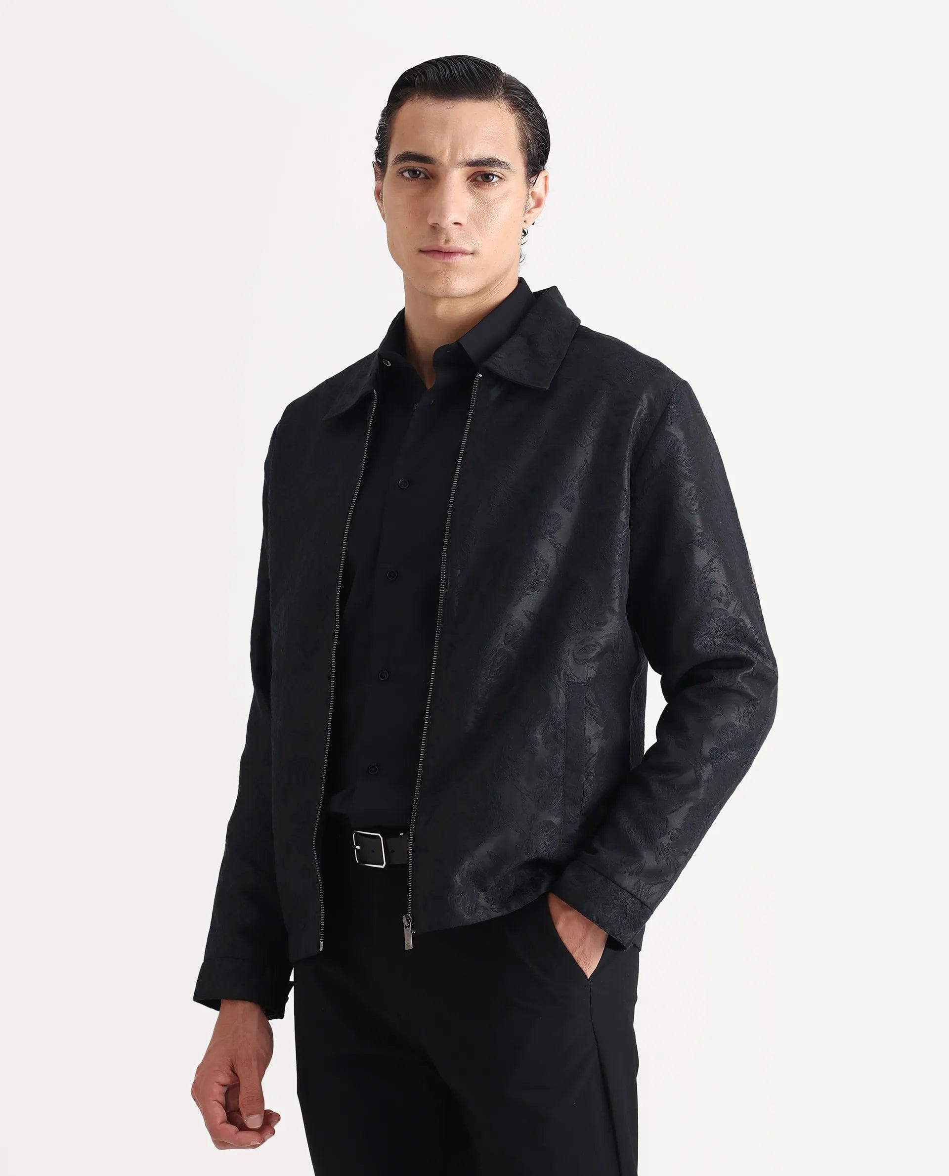 RARE Rabbit Men's Braga Dark Navy Jacquard Jacquard Regular Fit Full Sleeve Spread Collar Jacket