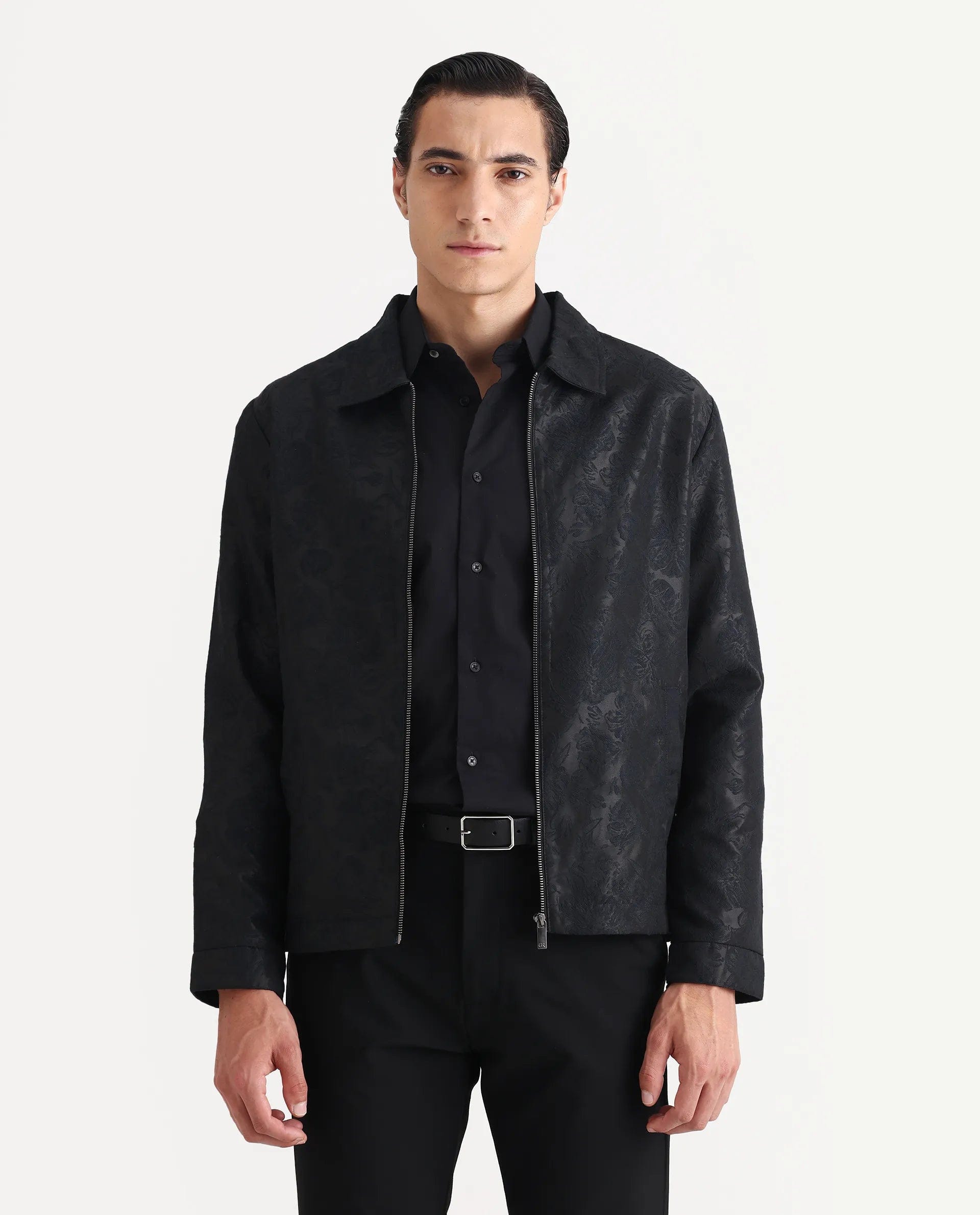 RARE Rabbit Men's Braga Dark Navy Jacquard Jacquard Regular Fit Full Sleeve Spread Collar Jacket