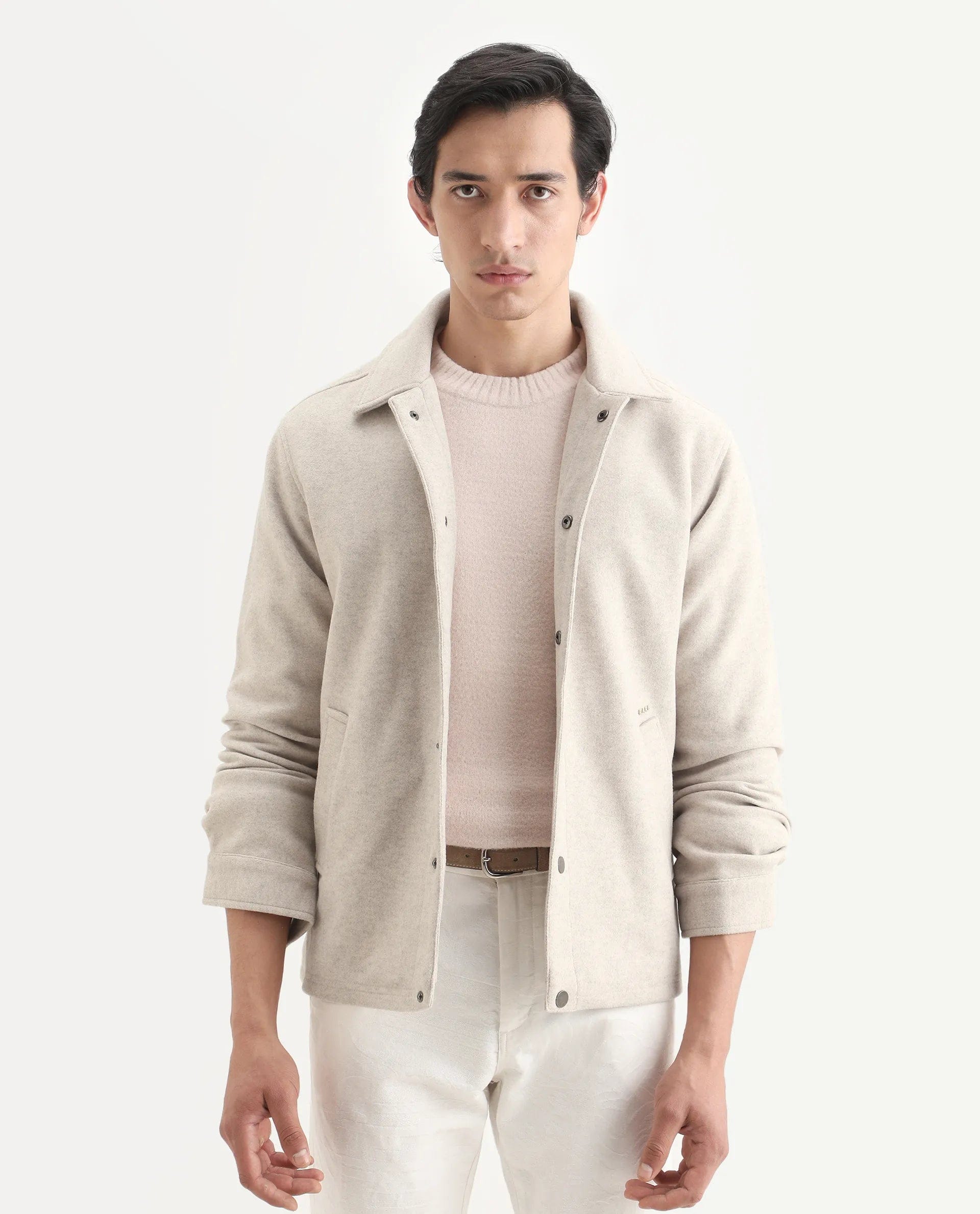 RARE Rabbit Men's Mahu Brown Cotton Blend Fabric Spread Collar Regular Fit Plain Jacket