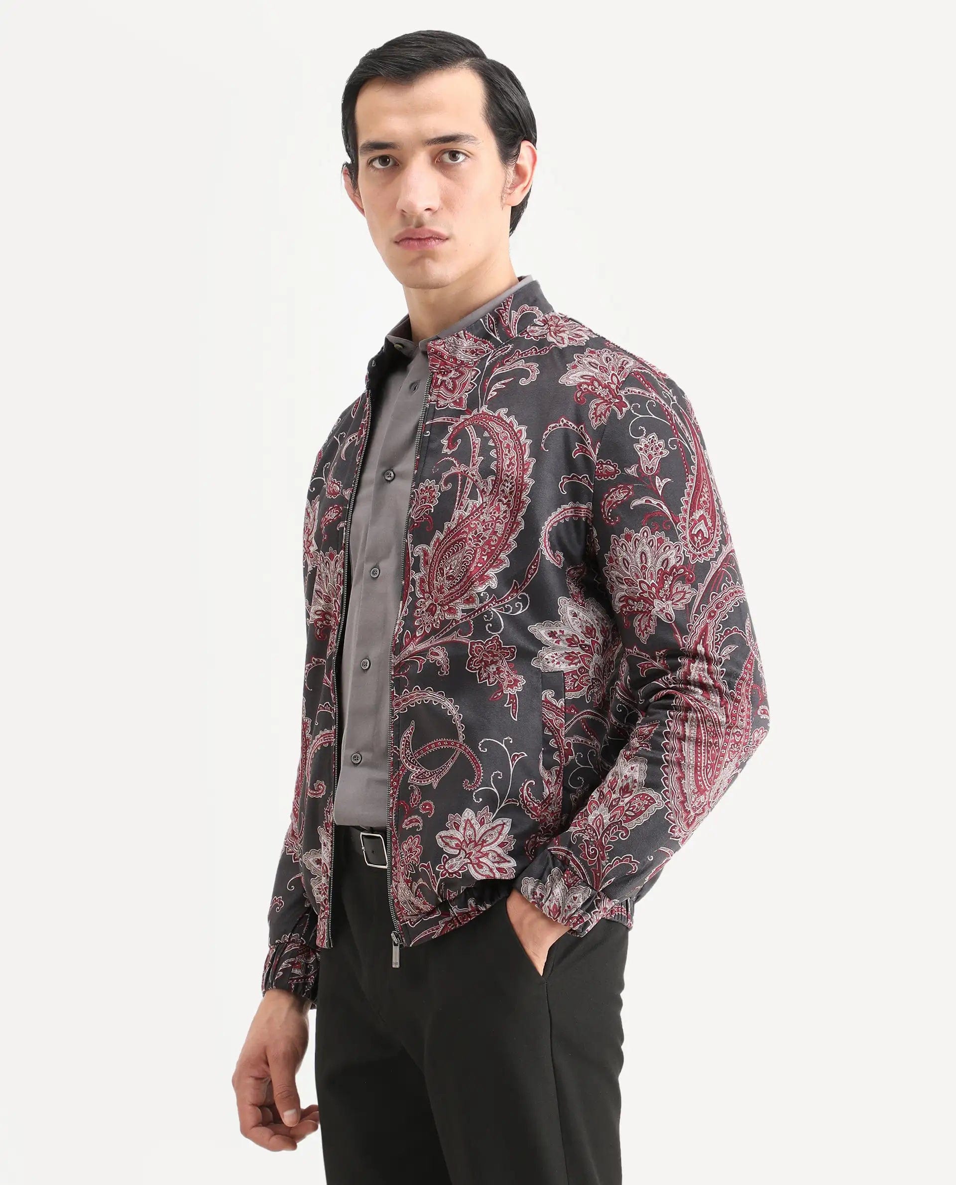 RARE Rabbit Men's Dalia Black Polyester Paisley Print Regular Fit Full Sleeve Mandarin Collar Jacket