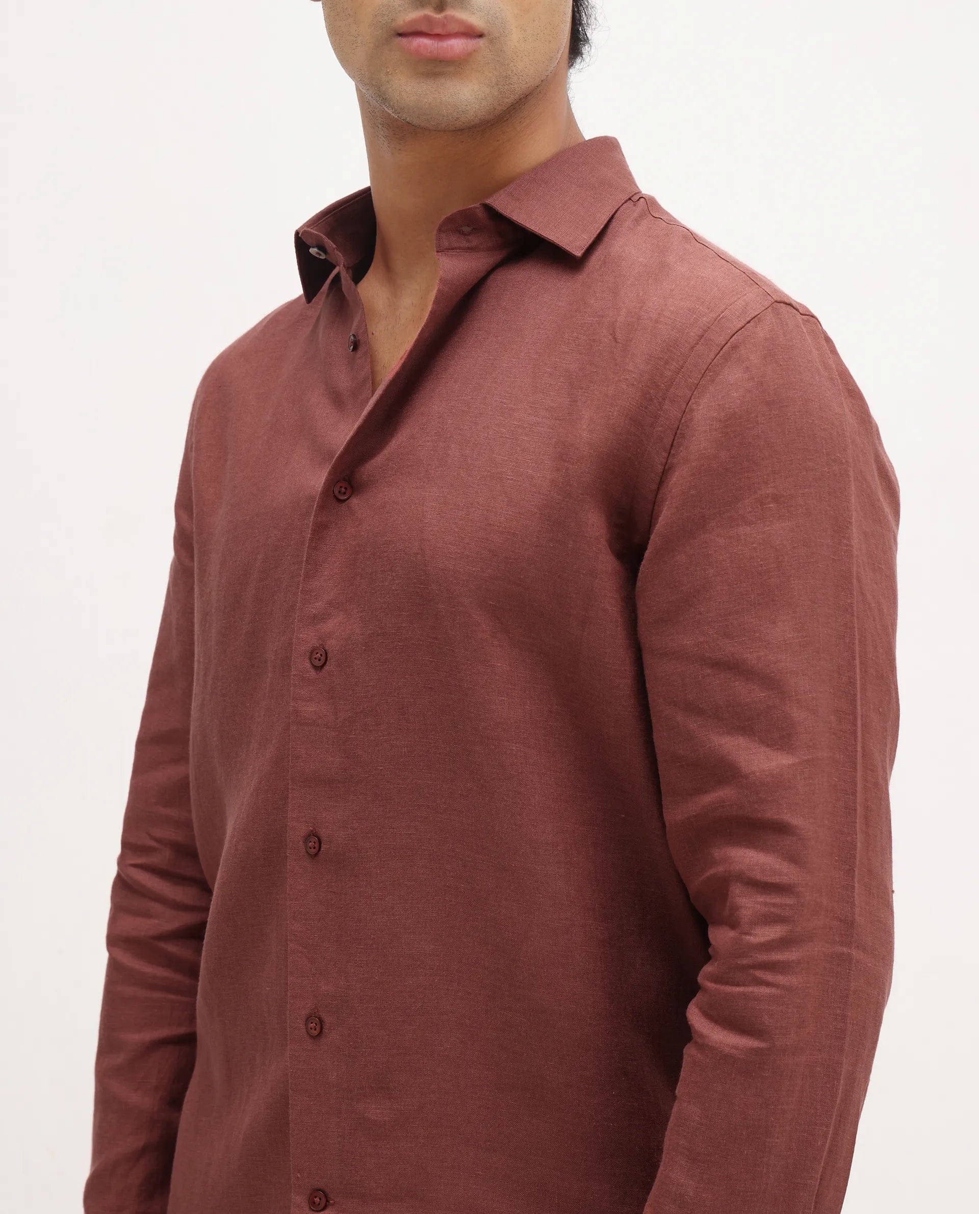 RARE Rabbit Men's Mavi Rust Linen Plain Regular Fit Full Sleeve Collared Shirt