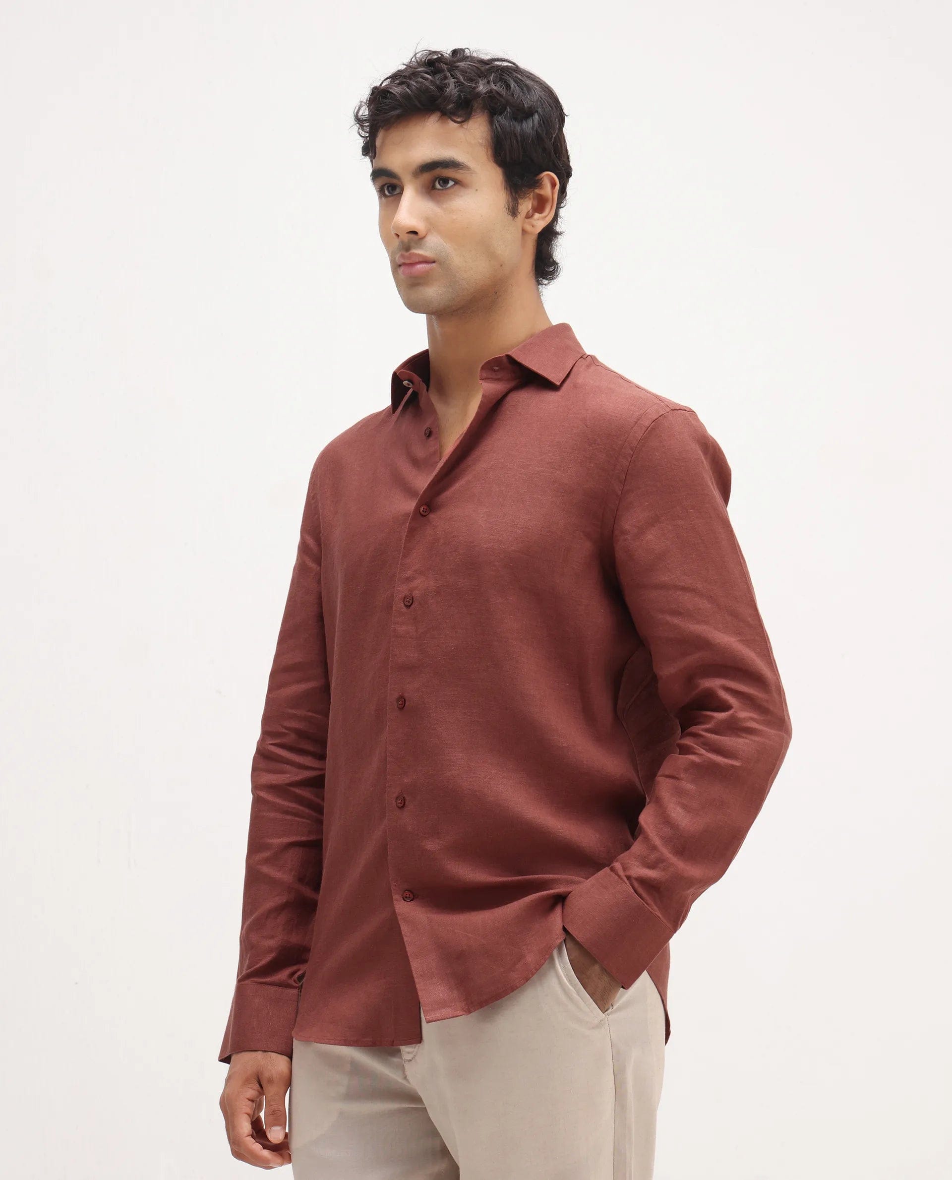 RARE Rabbit Men's Mavi Rust Linen Plain Regular Fit Full Sleeve Collared Shirt