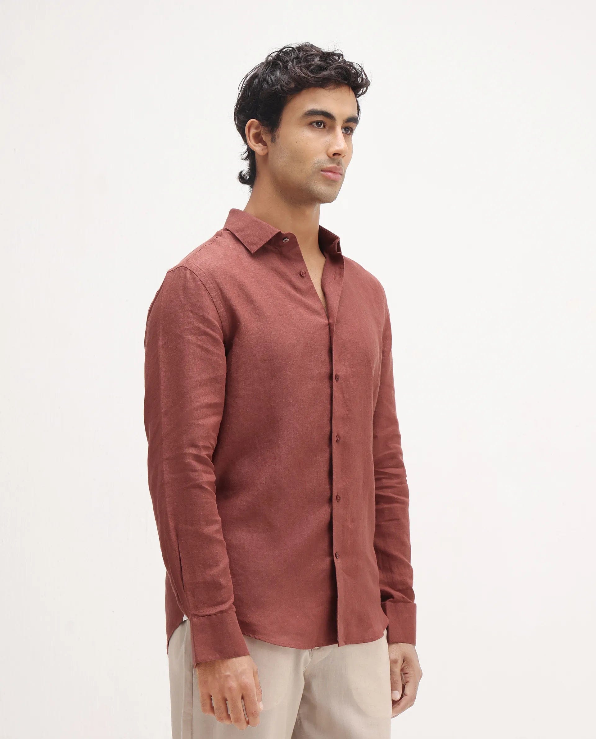 RARE Rabbit Men's Mavi Rust Linen Plain Regular Fit Full Sleeve Collared Shirt