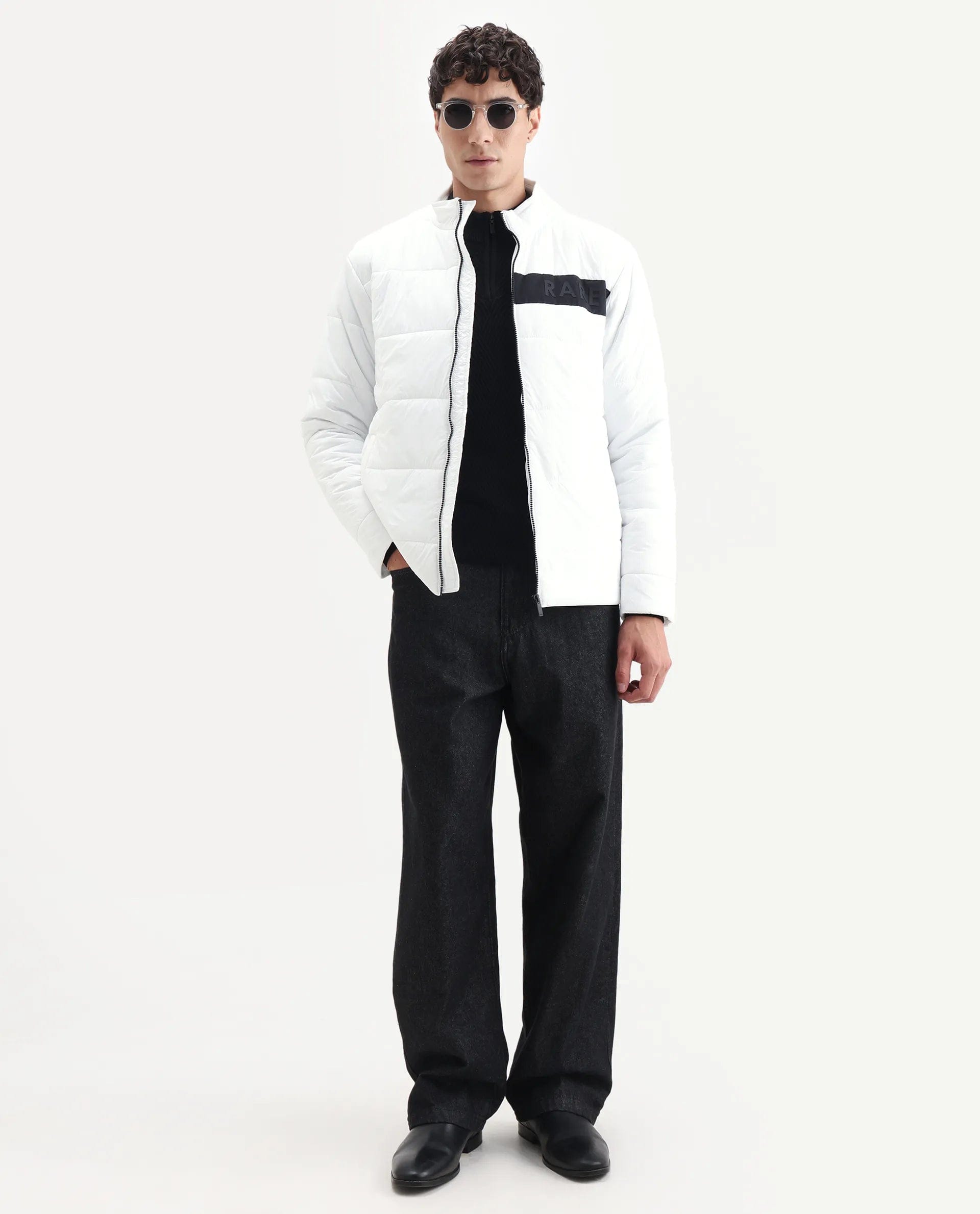 RARE Rabbit Men's Bront White Nylon Hd Print Regular Fit Full Sleeve High Neck Jacket