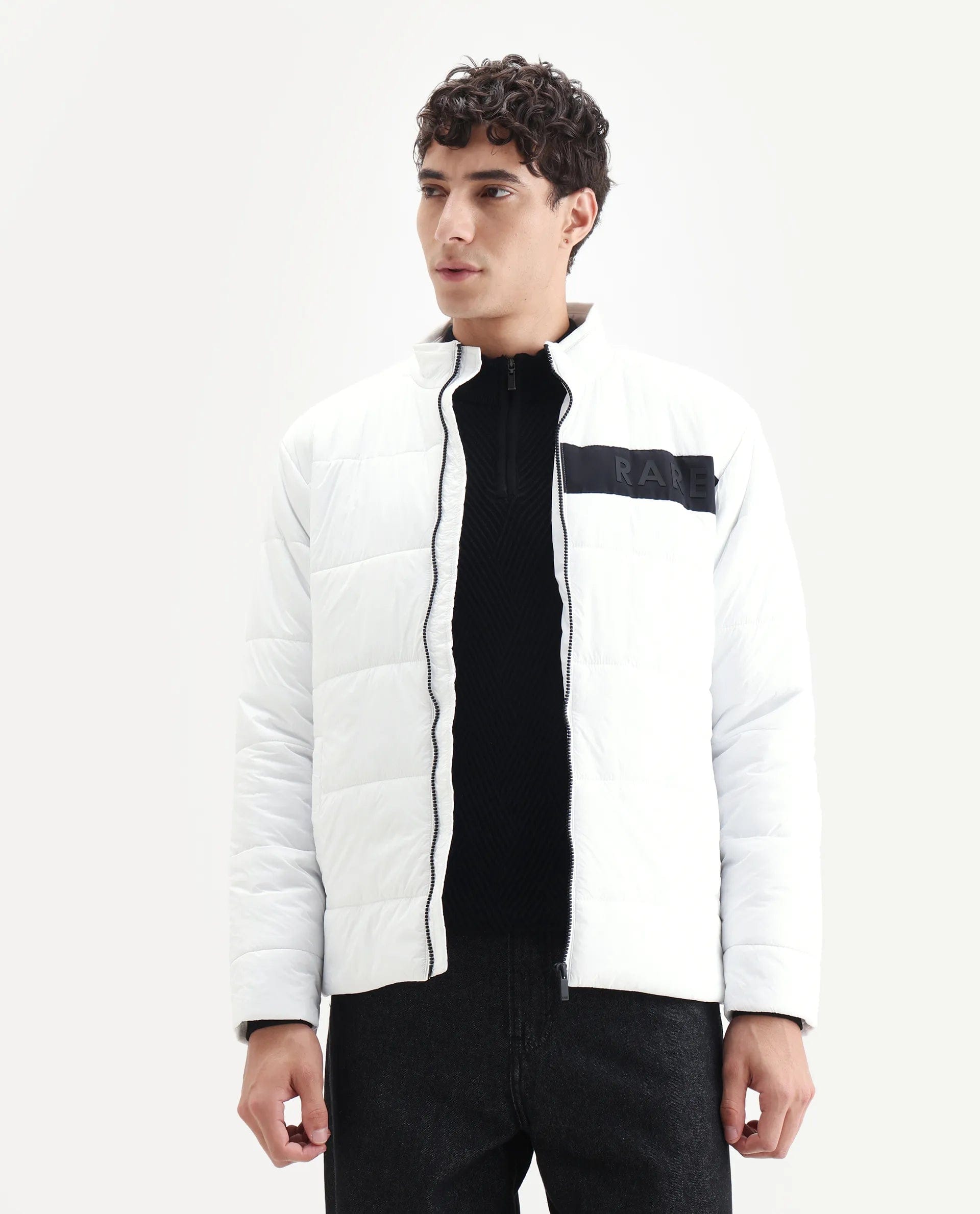 RARE Rabbit Men's Bront White Nylon Hd Print Regular Fit Full Sleeve High Neck Jacket