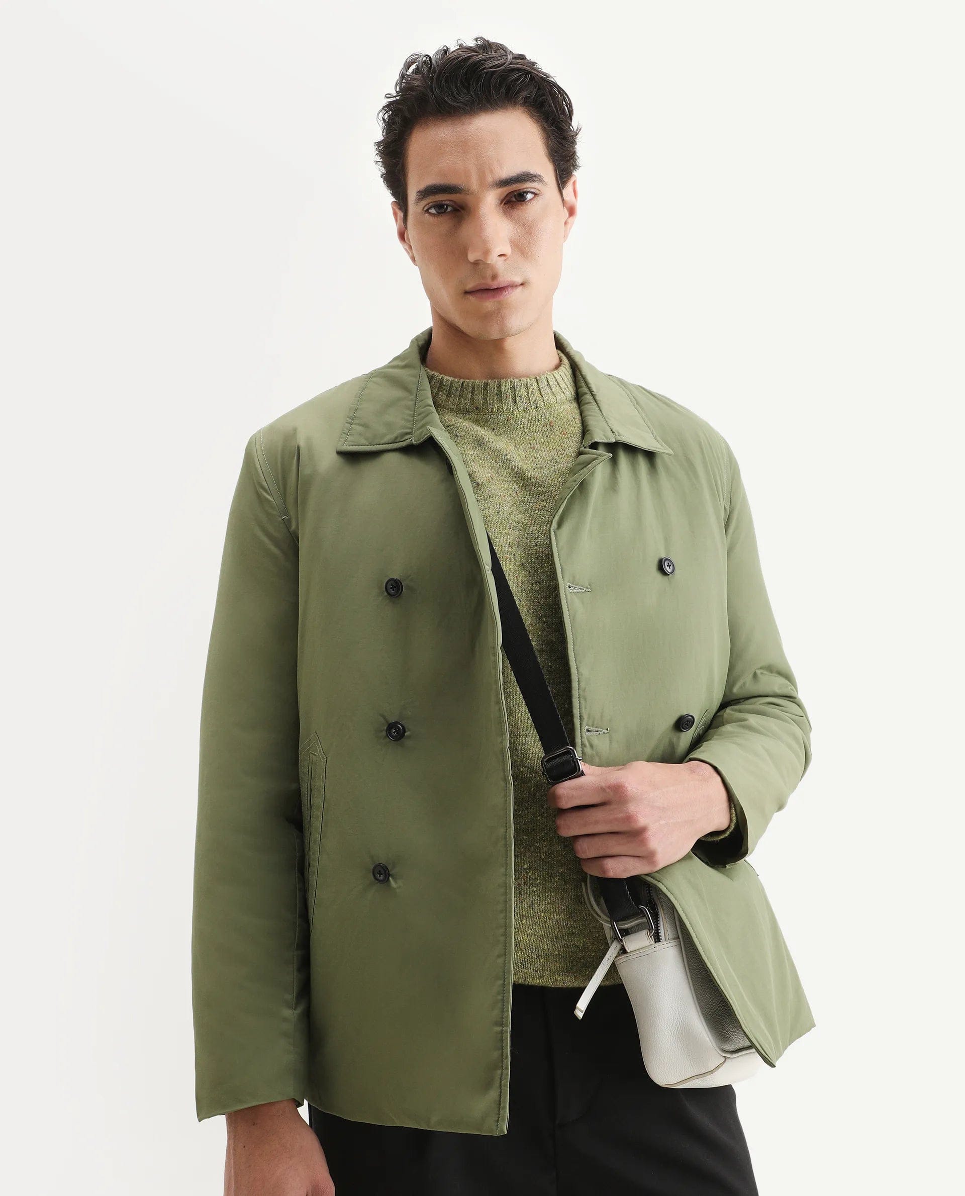 RARE Rabbit Men's Merjon Olive Nylon Plain Tailored Fit Full Sleeve Lapel Neck Jacket