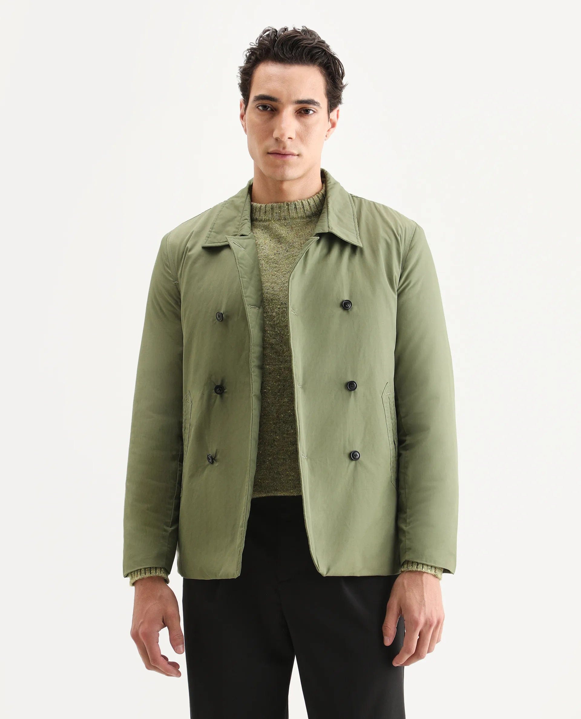 RARE Rabbit Men's Merjon Olive Nylon Plain Tailored Fit Full Sleeve Lapel Neck Jacket