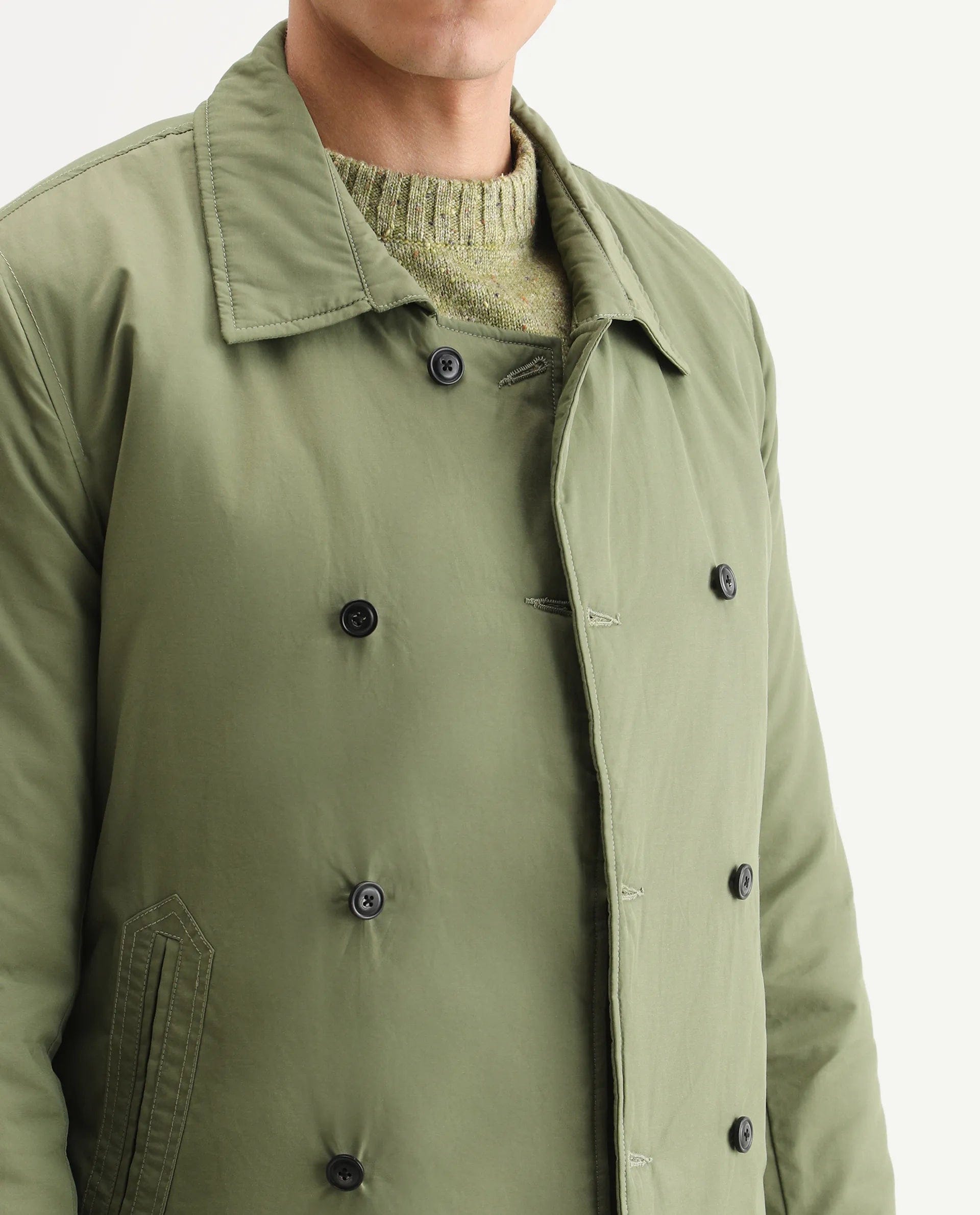 RARE Rabbit Men's Merjon Olive Nylon Plain Tailored Fit Full Sleeve Lapel Neck Jacket