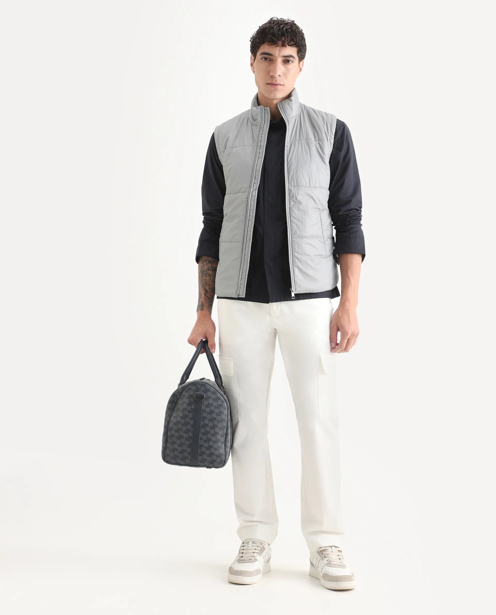 RARE Rabbit Men's Colson Light Grey Polyester Plain Regular Fit Sleeveless High Neck Jacket