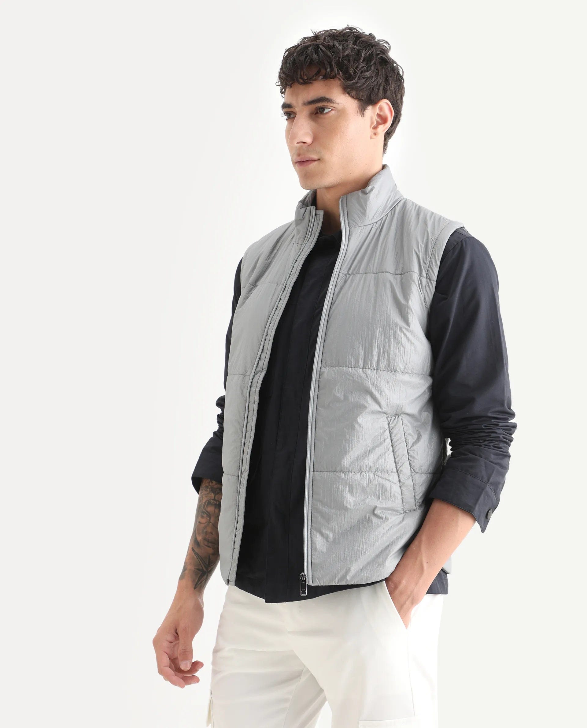 RARE Rabbit Men's Colson Light Grey Polyester Plain Regular Fit Sleeveless High Neck Jacket