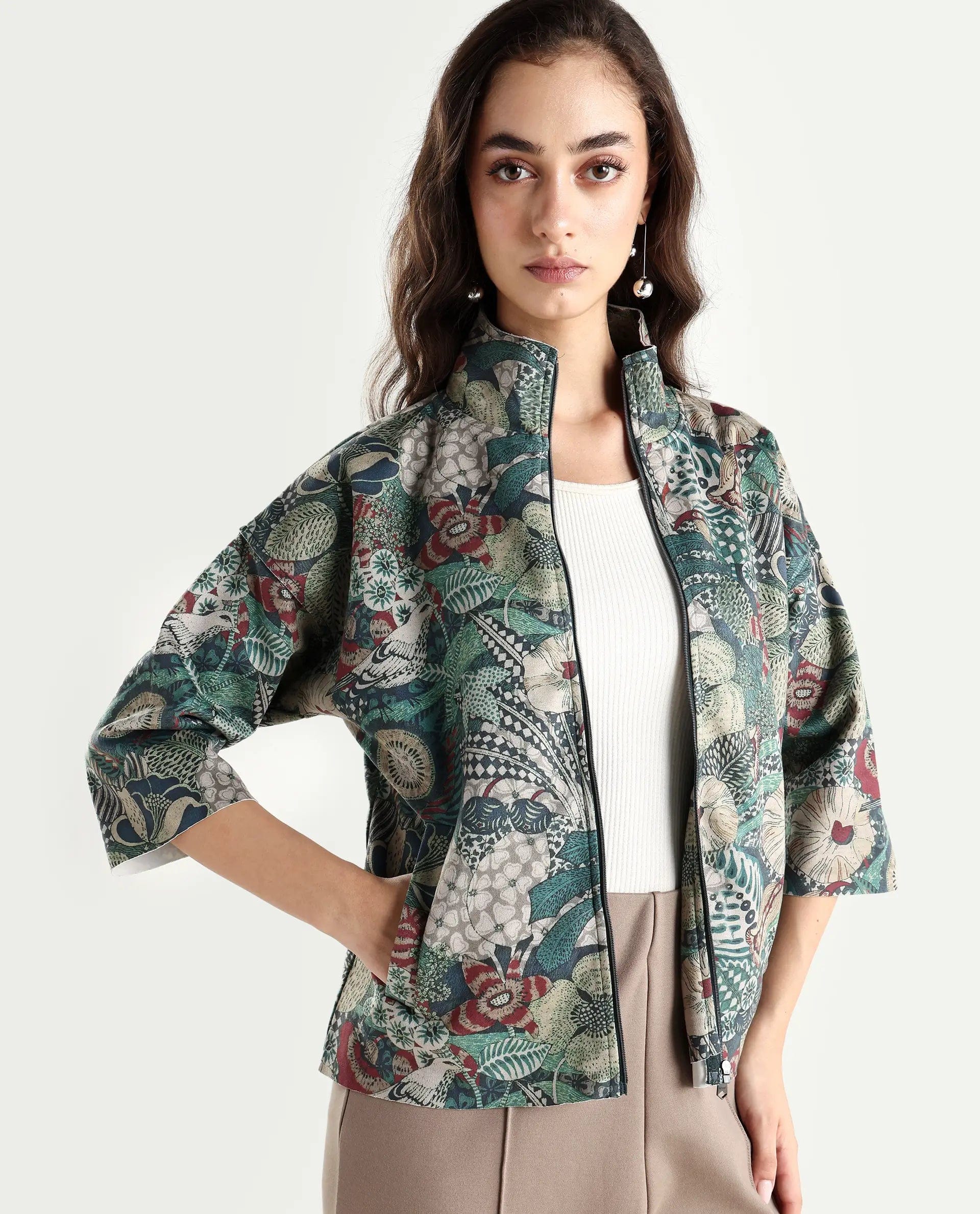 Rareism Women's Vaso Multi Polyester Blend Stand Collar Abstract Print Boxy Fit Jacket