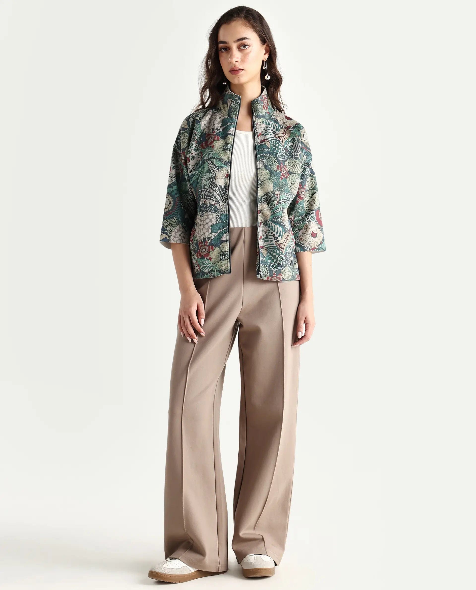 Rareism Women's Vaso Multi Polyester Blend Stand Collar Abstract Print Boxy Fit Jacket