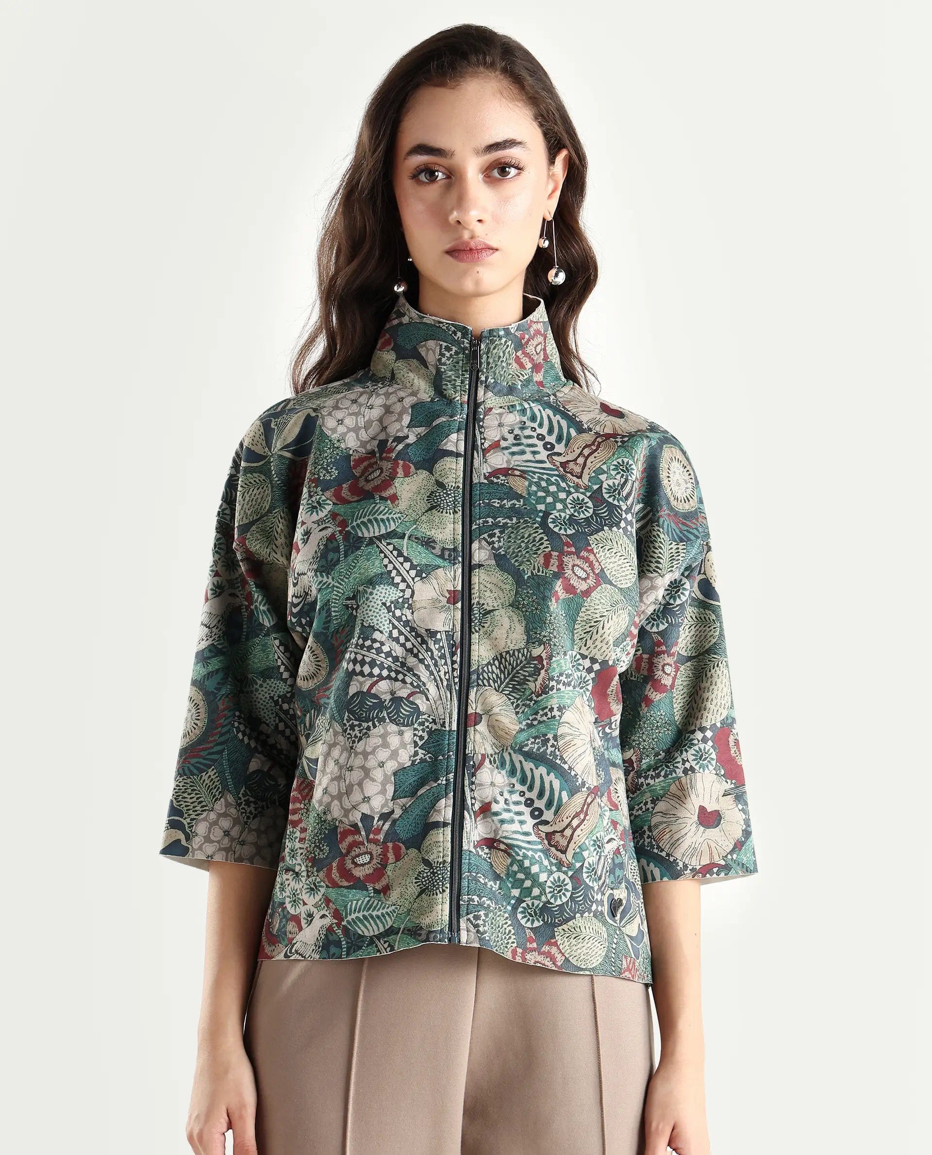 Rareism Women's Vaso Multi Polyester Blend Stand Collar Abstract Print Boxy Fit Jacket
