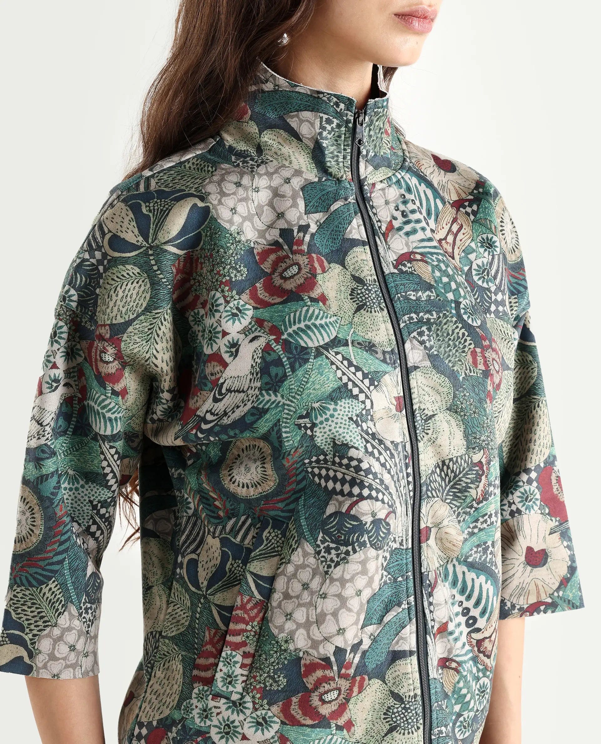 Rareism Women's Vaso Multi Polyester Blend Stand Collar Abstract Print Boxy Fit Jacket