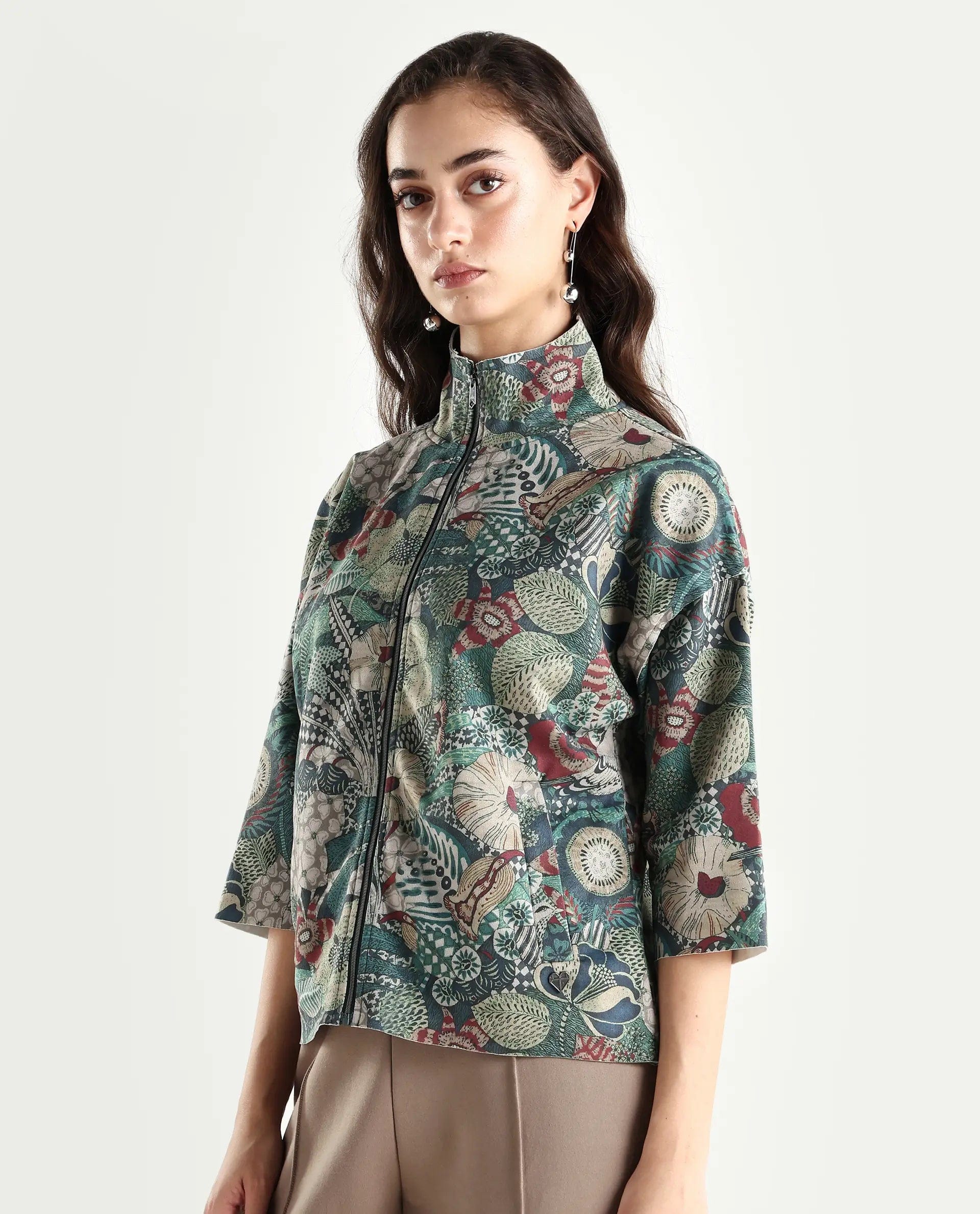 Rareism Women's Vaso Multi Polyester Blend Stand Collar Abstract Print Boxy Fit Jacket