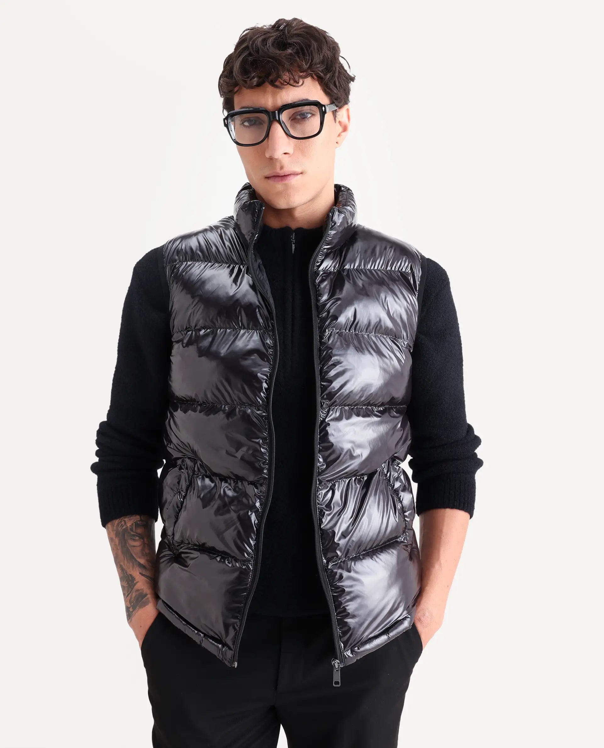 RARE Rabbit Men's Cover Black Polyester Plain Relaxed Fit Sleeveless High Neck Jacket