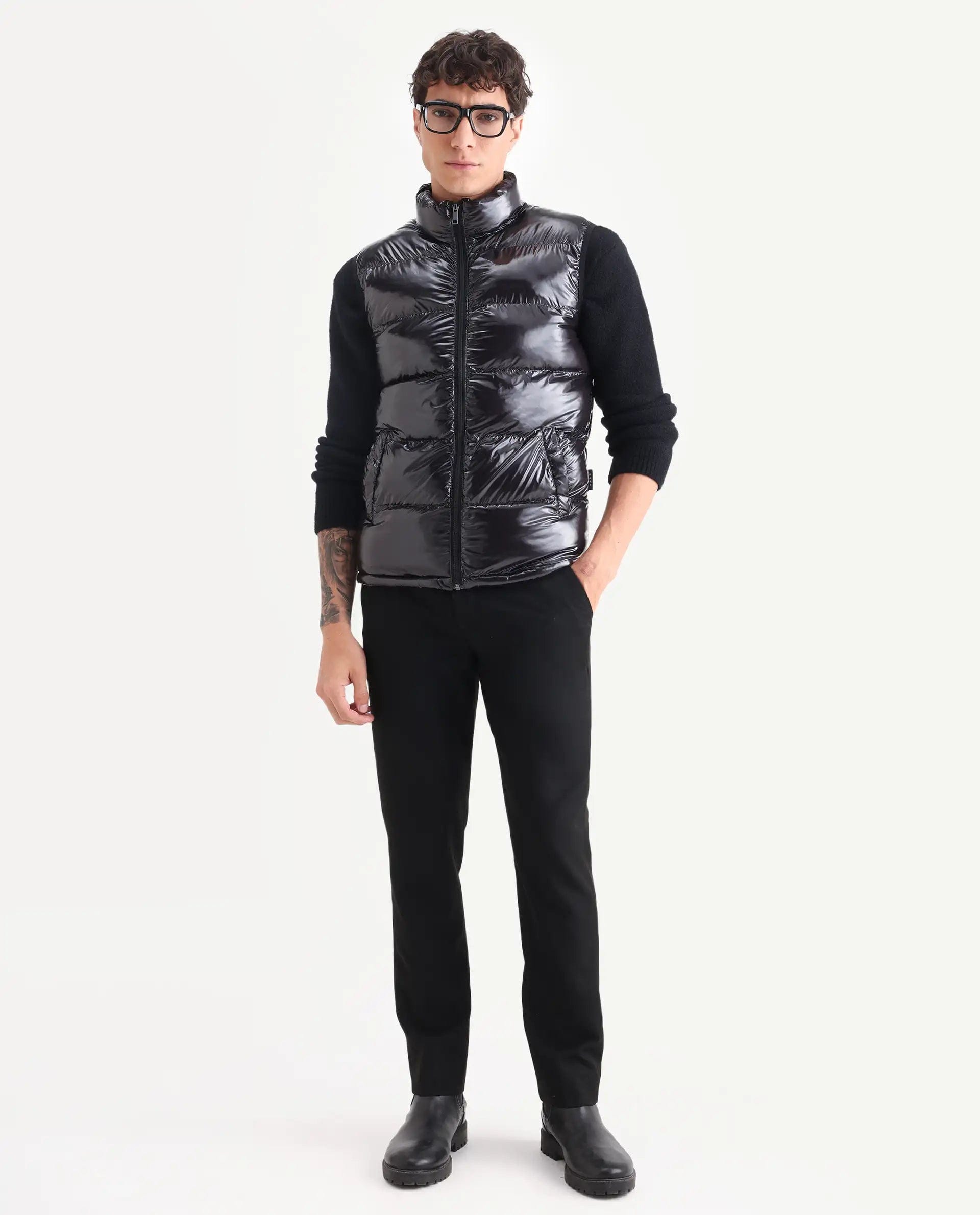 RARE Rabbit Men's Cover Black Polyester Plain Relaxed Fit Sleeveless High Neck Jacket