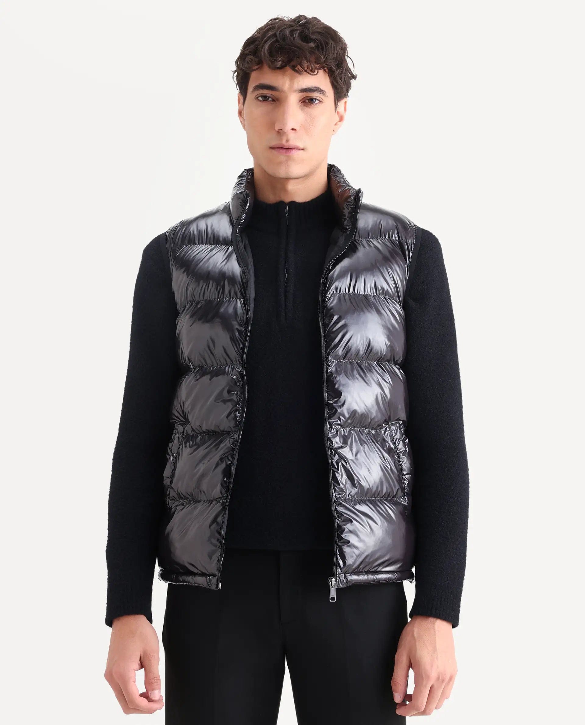 RARE Rabbit Men's Cover Black Polyester Plain Relaxed Fit Sleeveless High Neck Jacket