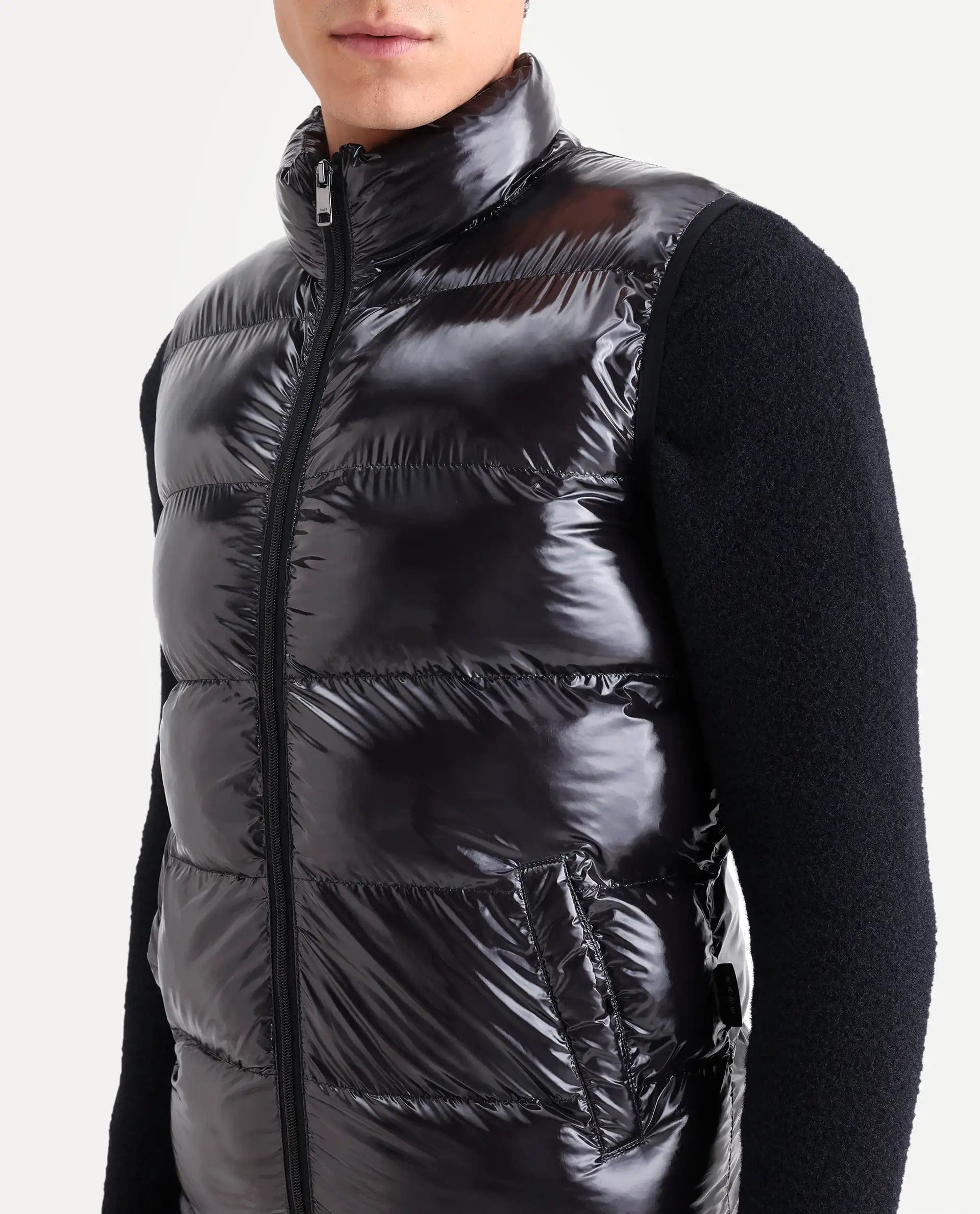 RARE Rabbit Men's Cover Black Polyester Plain Relaxed Fit Sleeveless High Neck Jacket