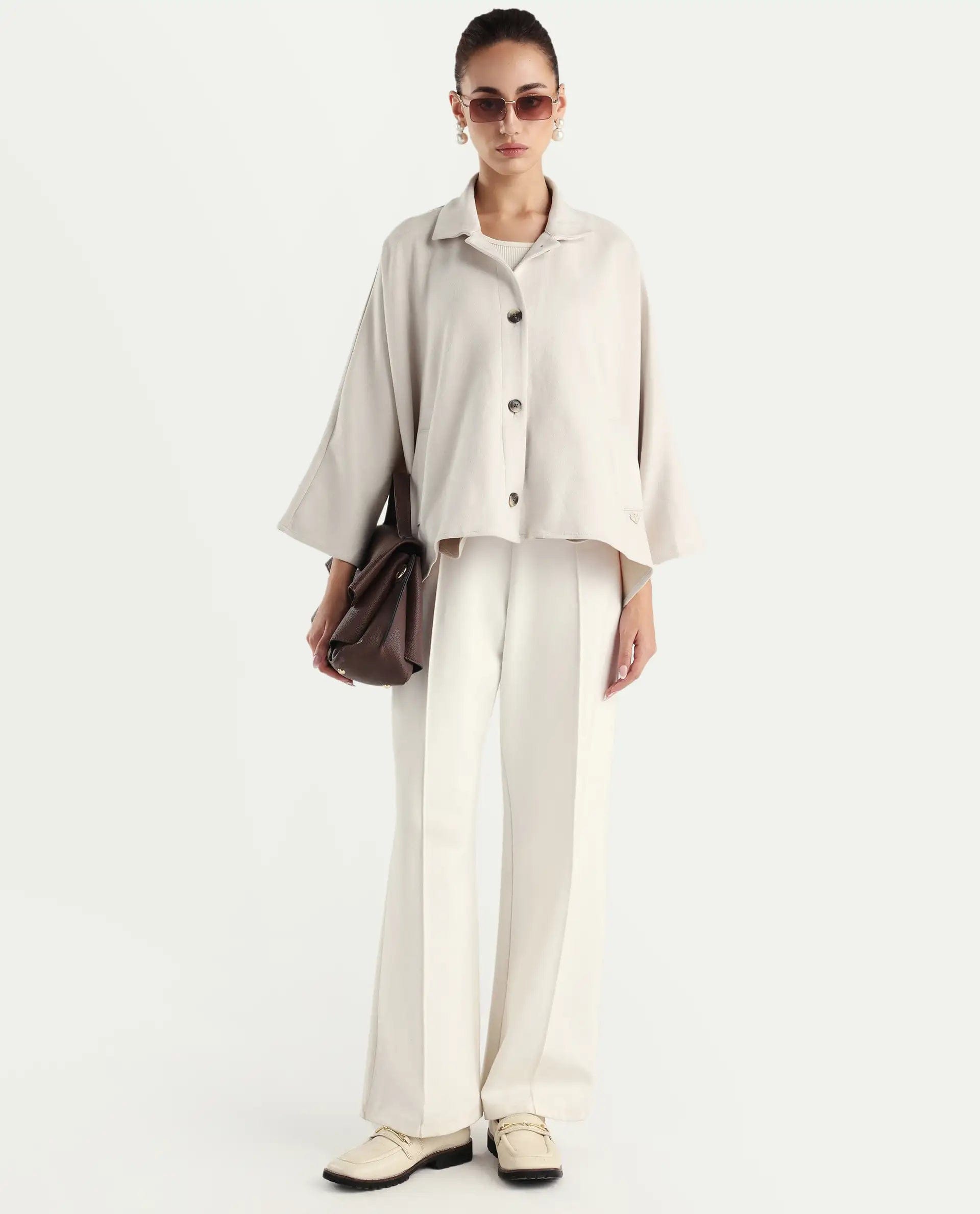 Rareism Women's Macqua Light Beige Suede Spread Collar Plain Boxy Fit Jacket