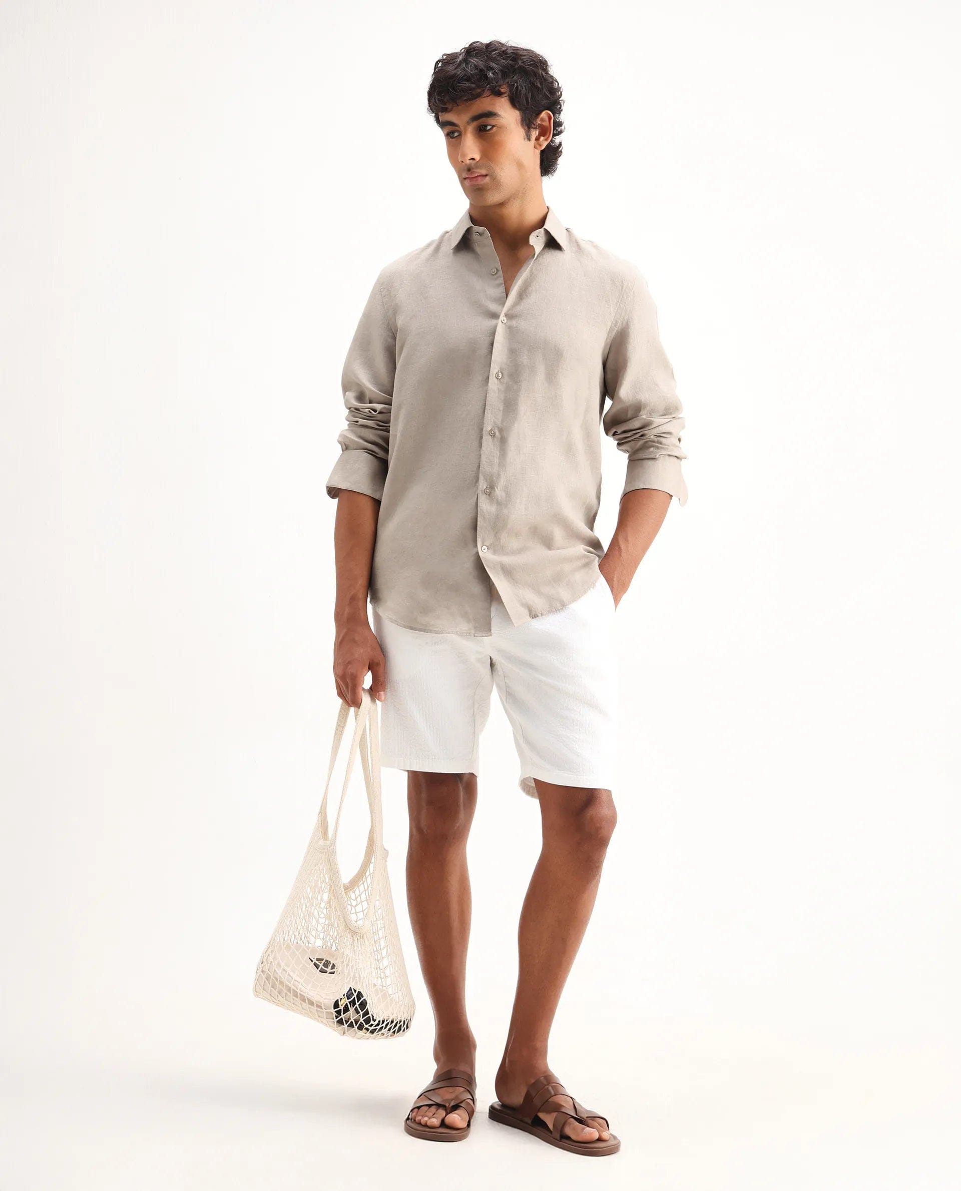 RARE Rabbit Men's Mavi Beige Linen Plain Regular Fit Full Sleeve Collared Shirt