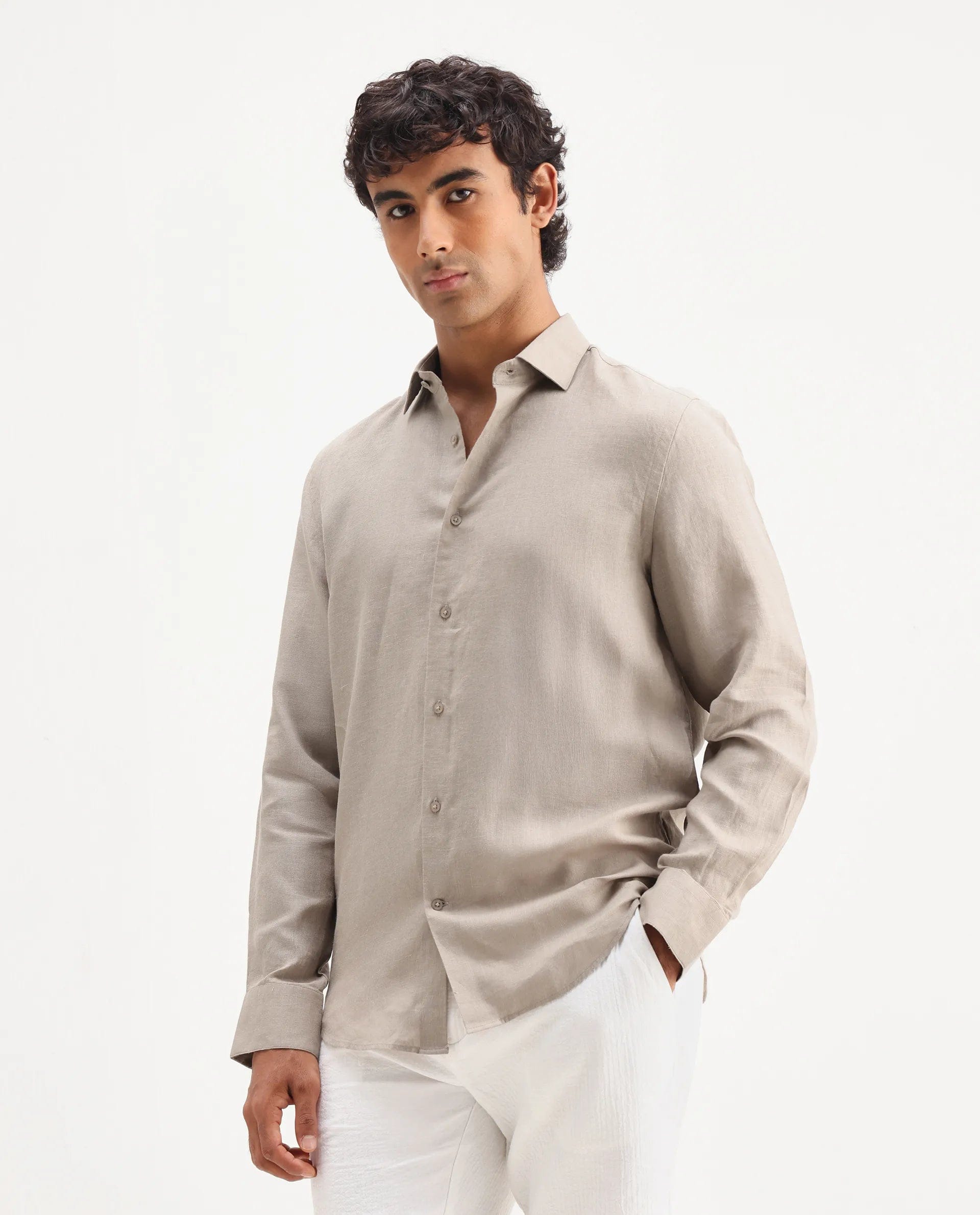 RARE Rabbit Men's Mavi Beige Linen Plain Regular Fit Full Sleeve Collared Shirt