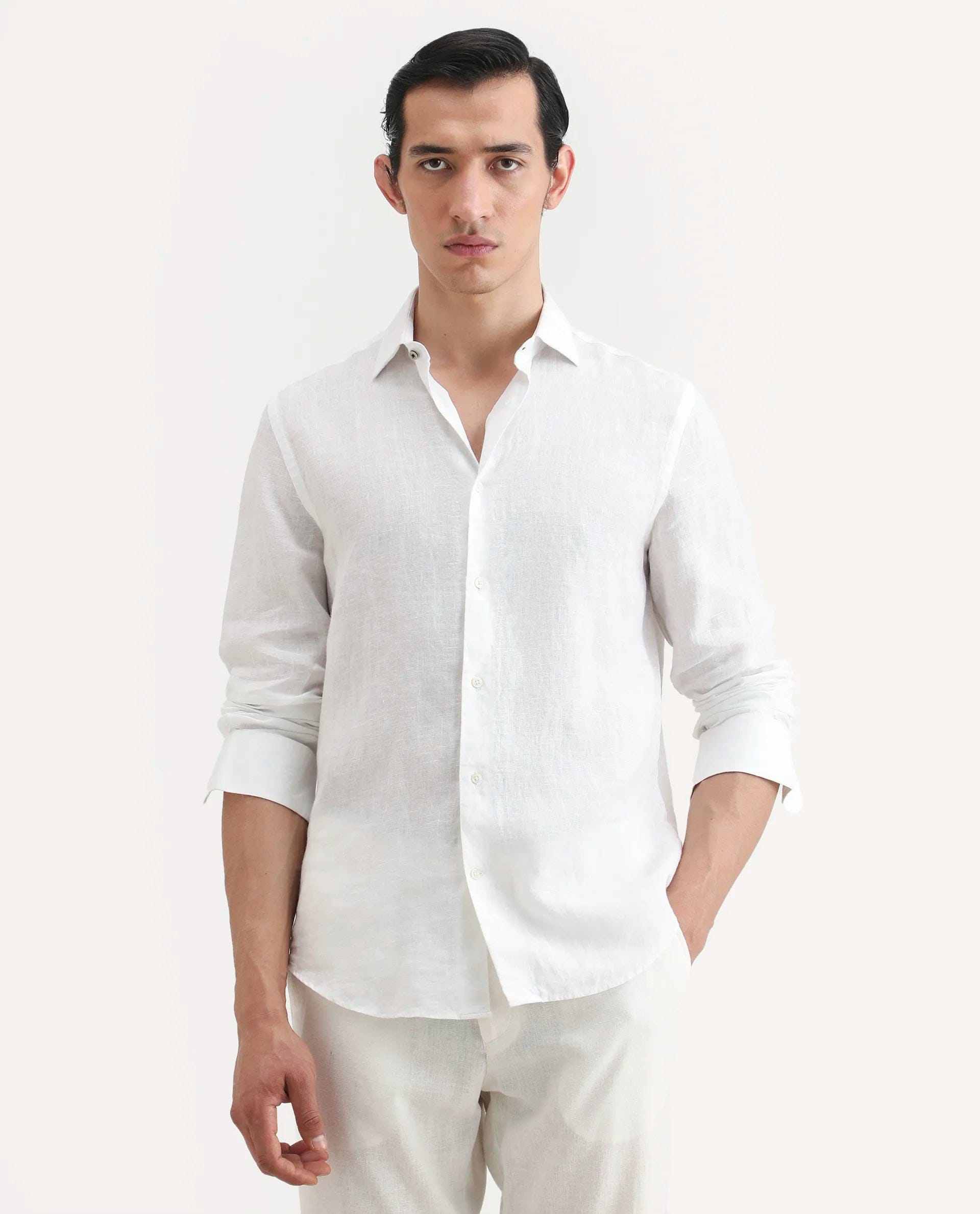 RARE Rabbit Men's Mavi White Linen Plain Regular Fit Full Sleeve Collared Shirt