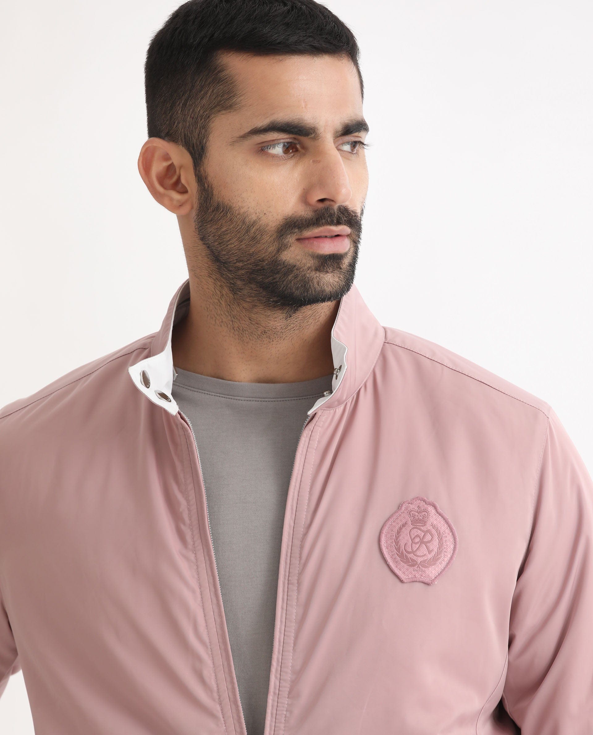 RARE Rabbit Men's Royban Pink Polyester Plain Regular Fit Full Sleeve Mandarin Collar Jacket