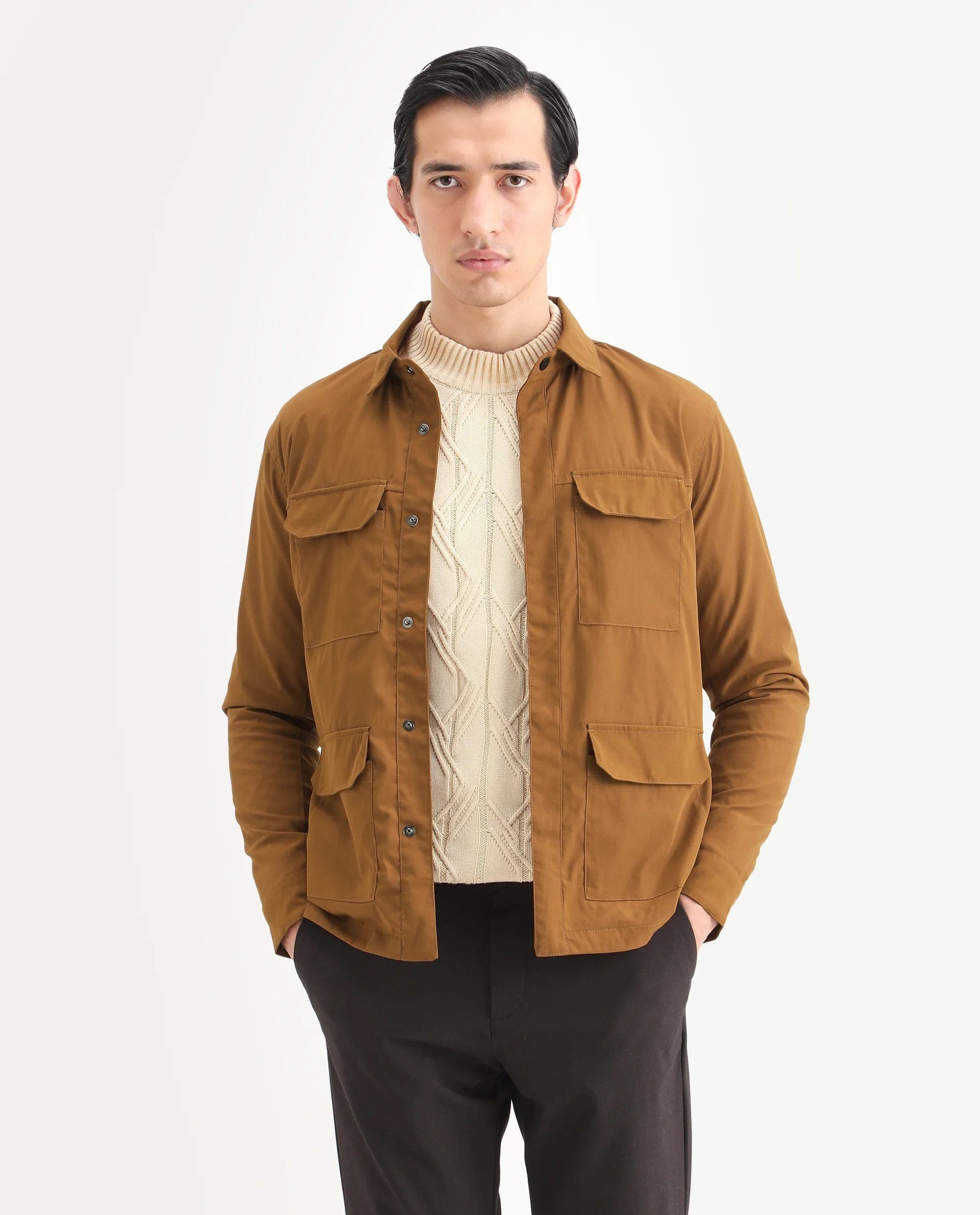 RARE Rabbit Men's Feliu Rust Cotton Plain Regular Fit Full Sleeve Spread Collar Jacket