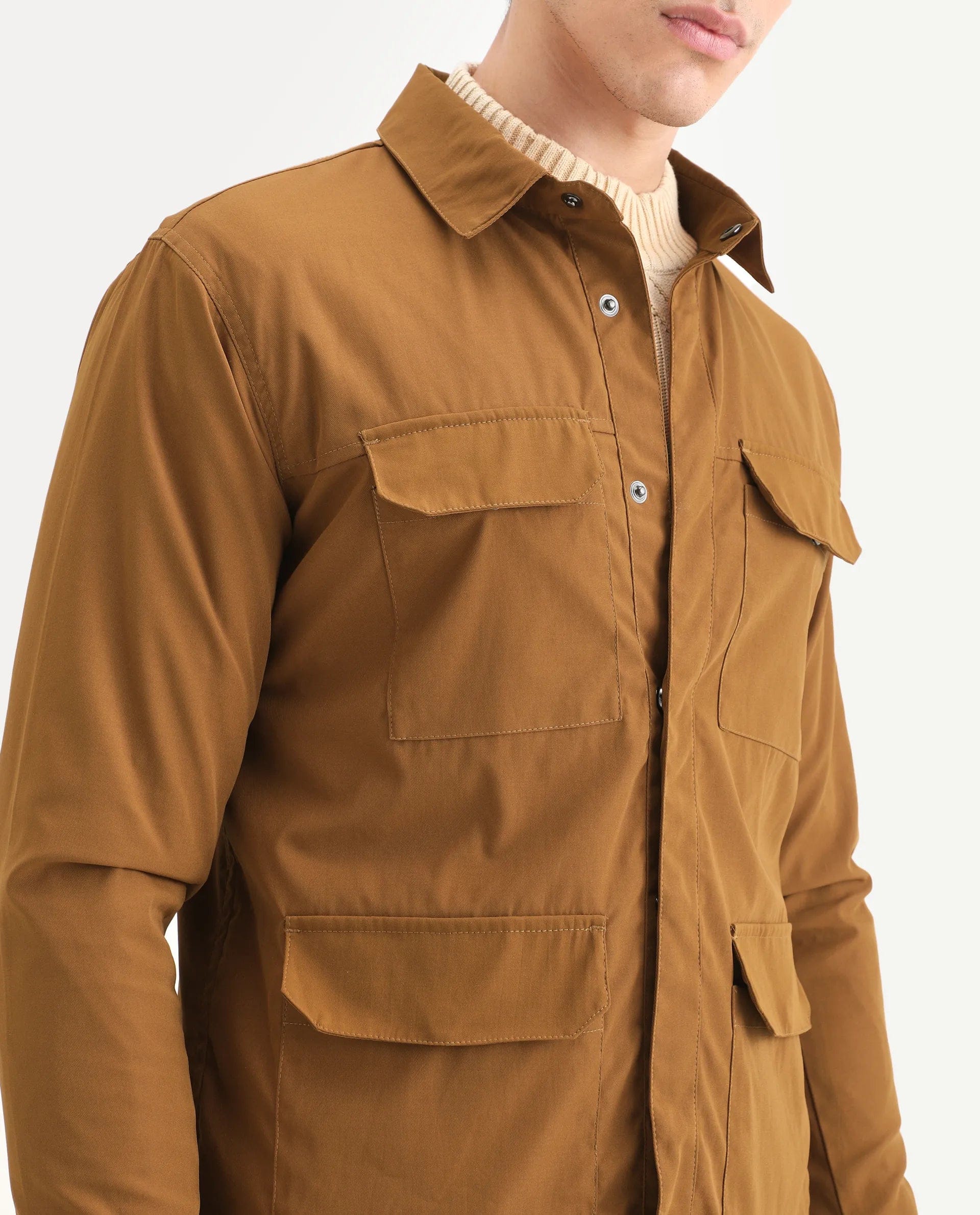 RARE Rabbit Men's Feliu Rust Cotton Plain Regular Fit Full Sleeve Spread Collar Jacket