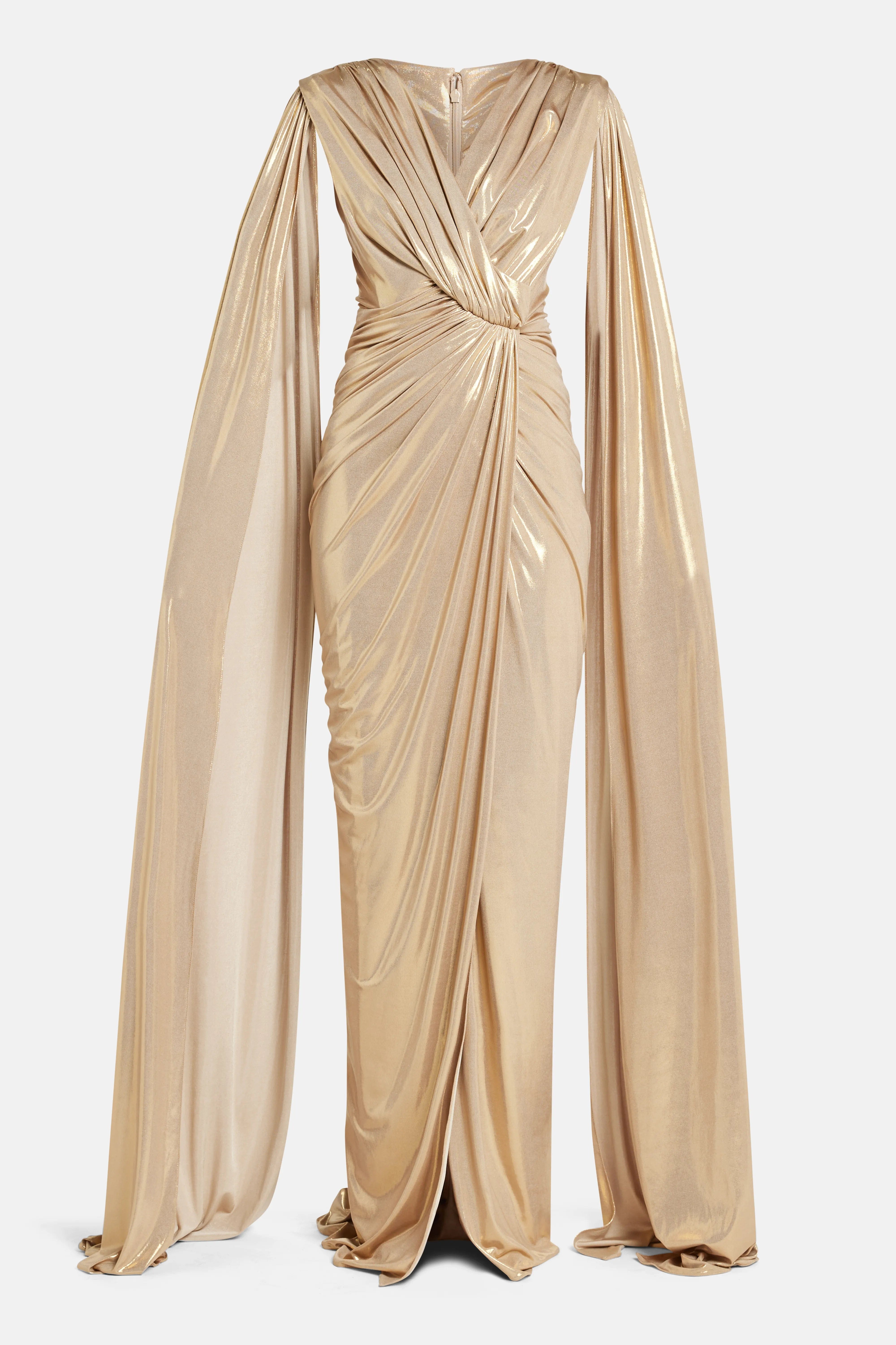 RHEA COSTA Evelyn Cape Sleeves Evening Gown in Gold
